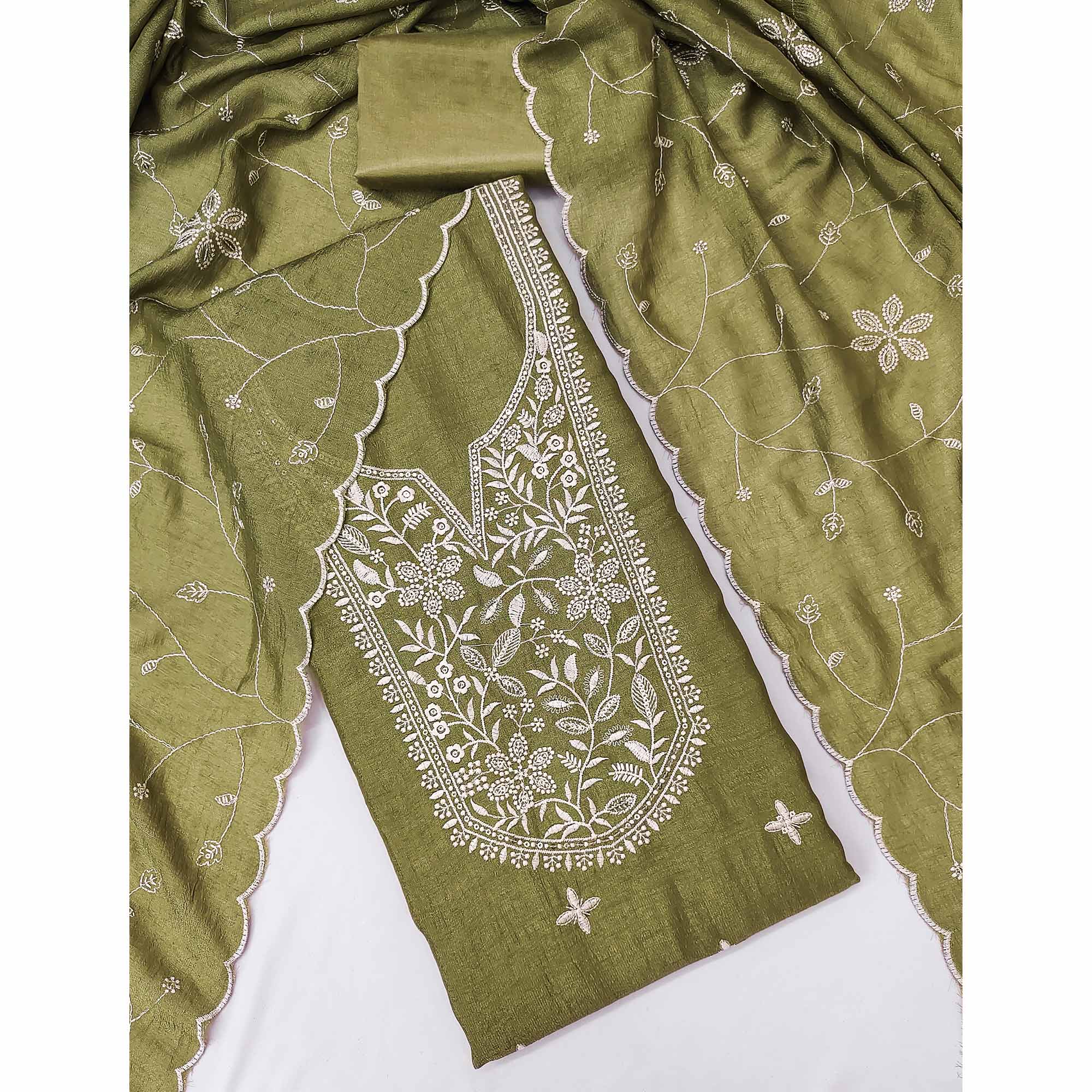 Charming Green Vichitra Silk Dress Material With Floral Thread & Sequins Work