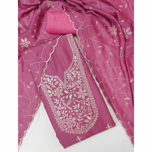 Graceful Pink Vichitra Silk Fabric Featuring Floral Thread & Sequins Work Dress Material