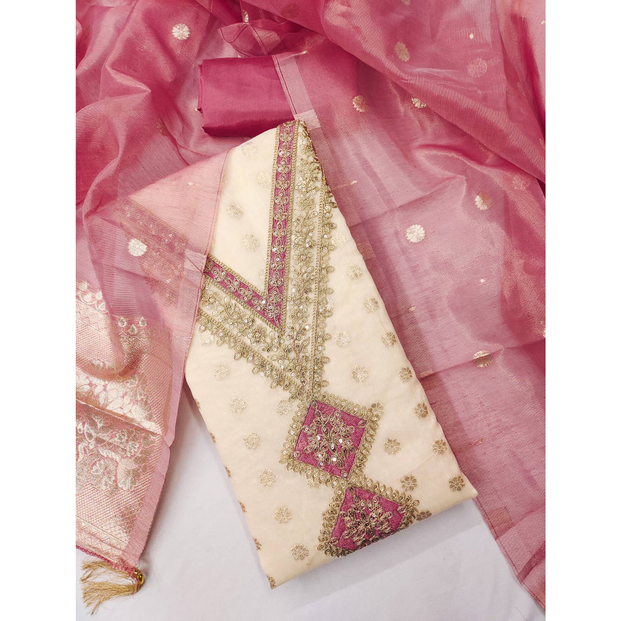 Cream & Gajari Pink Shimmer Featuring Floral Butti Weaving With Cording Embroidered Dress Material