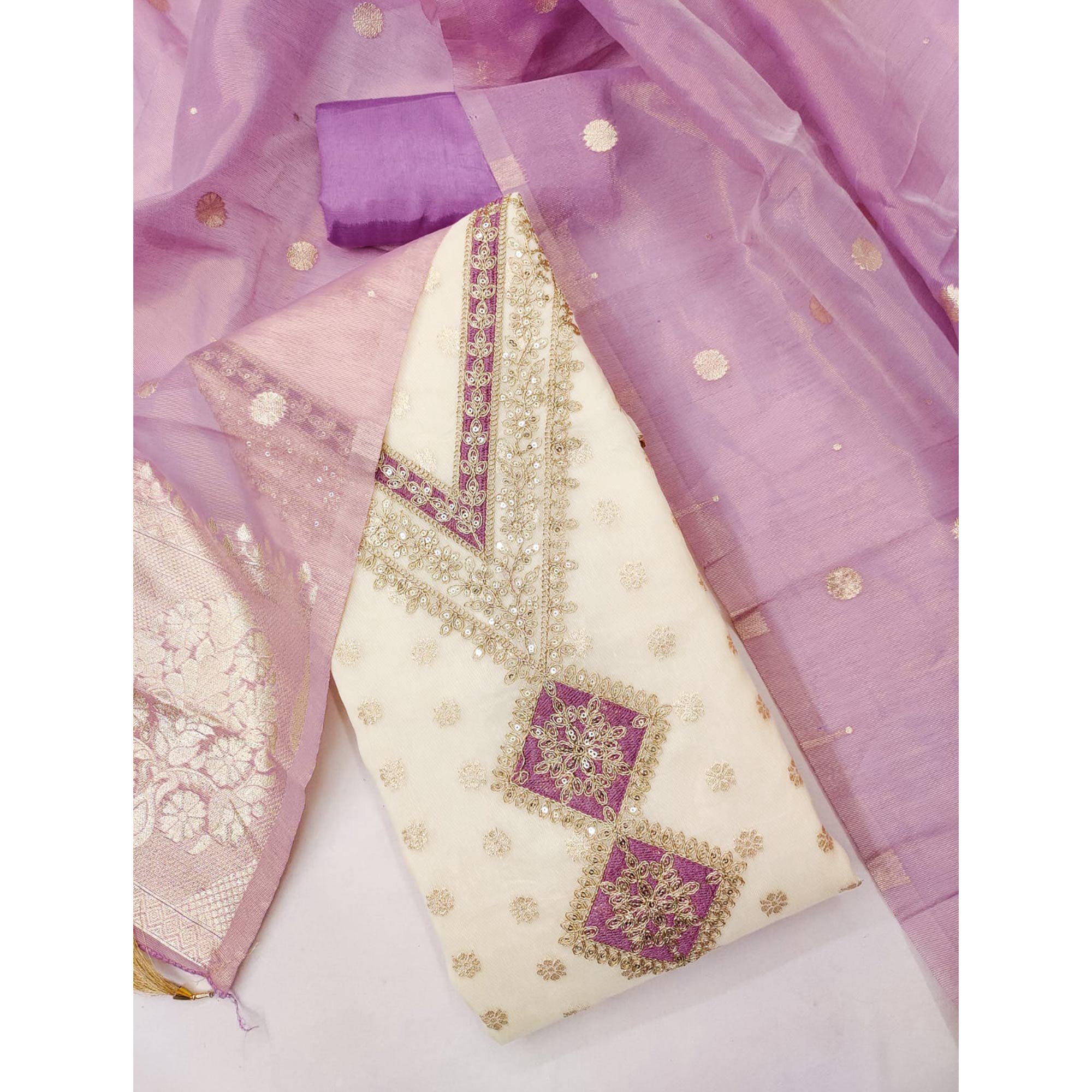 Cream & Lavender Shimmer Featuring Floral Butti Weaving With Cording Embroidered Dress Material