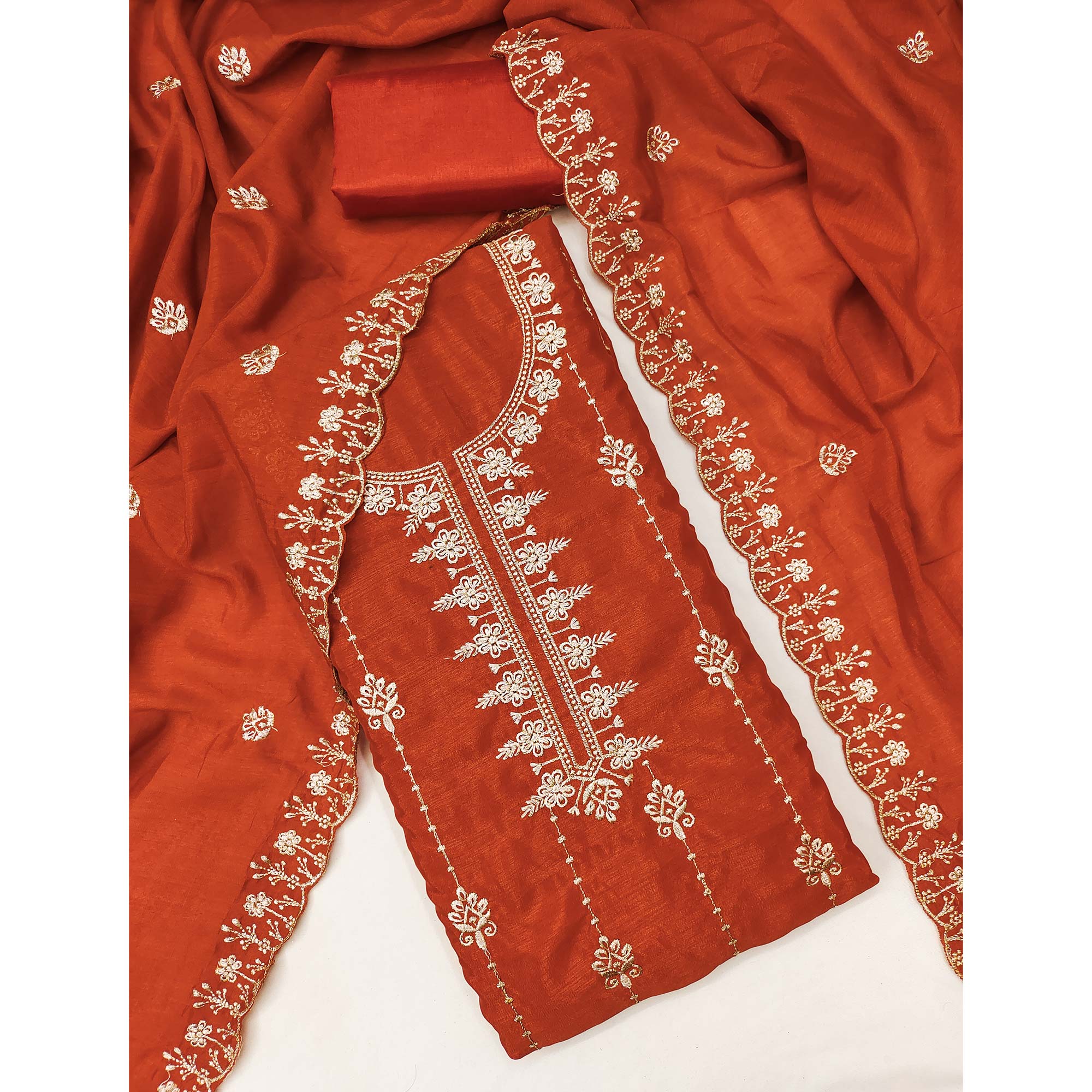 Orange Floral Elegance Zari Embroidered Vichitra Silk Dress Material