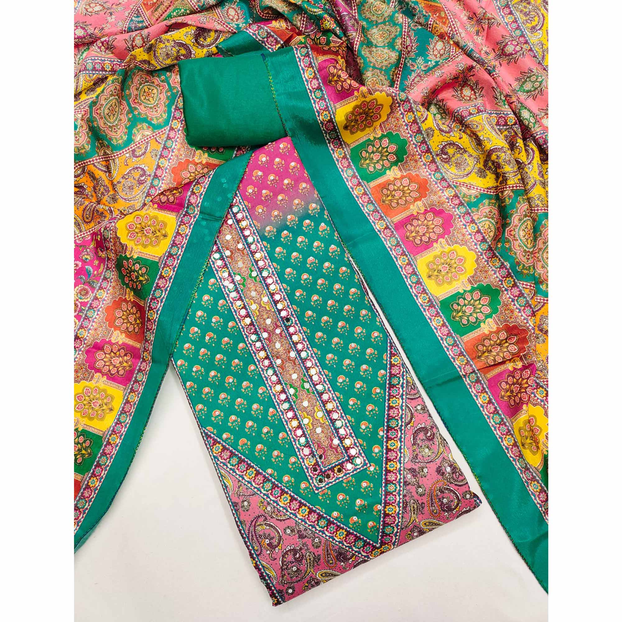 Rama Green Floral Printed Chinon Dress Material Embellished With Mirror & Stone Work