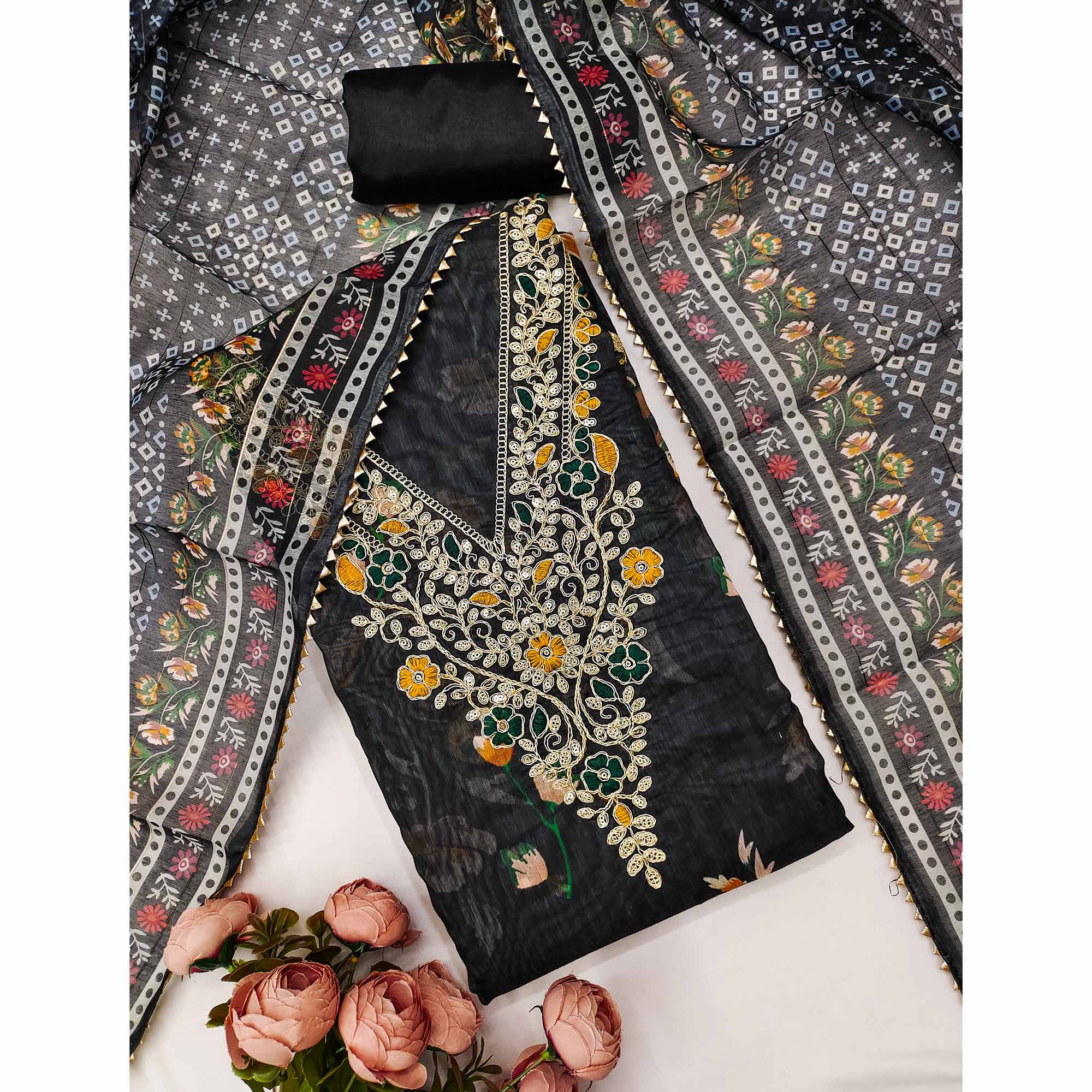 Black Chanderi Silk Dress Material With Digital Floral Print & Cording Embroidery Work