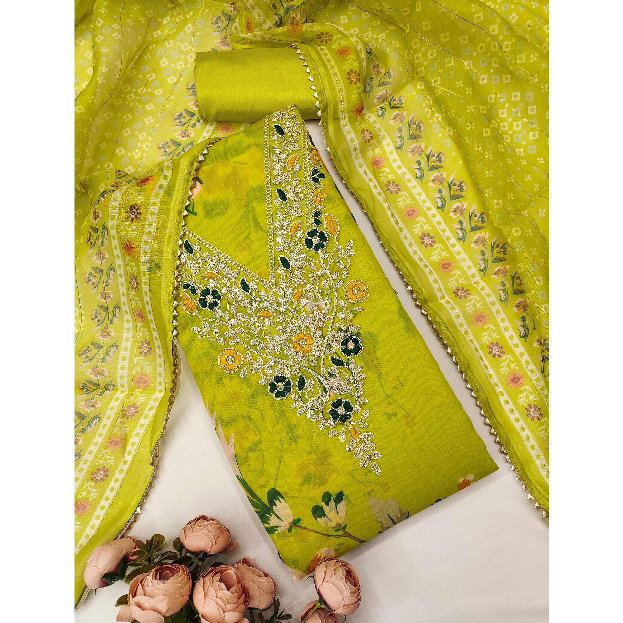 Green Chanderi Silk Dress Material With Digital Floral Print & Cording Embroidery Work