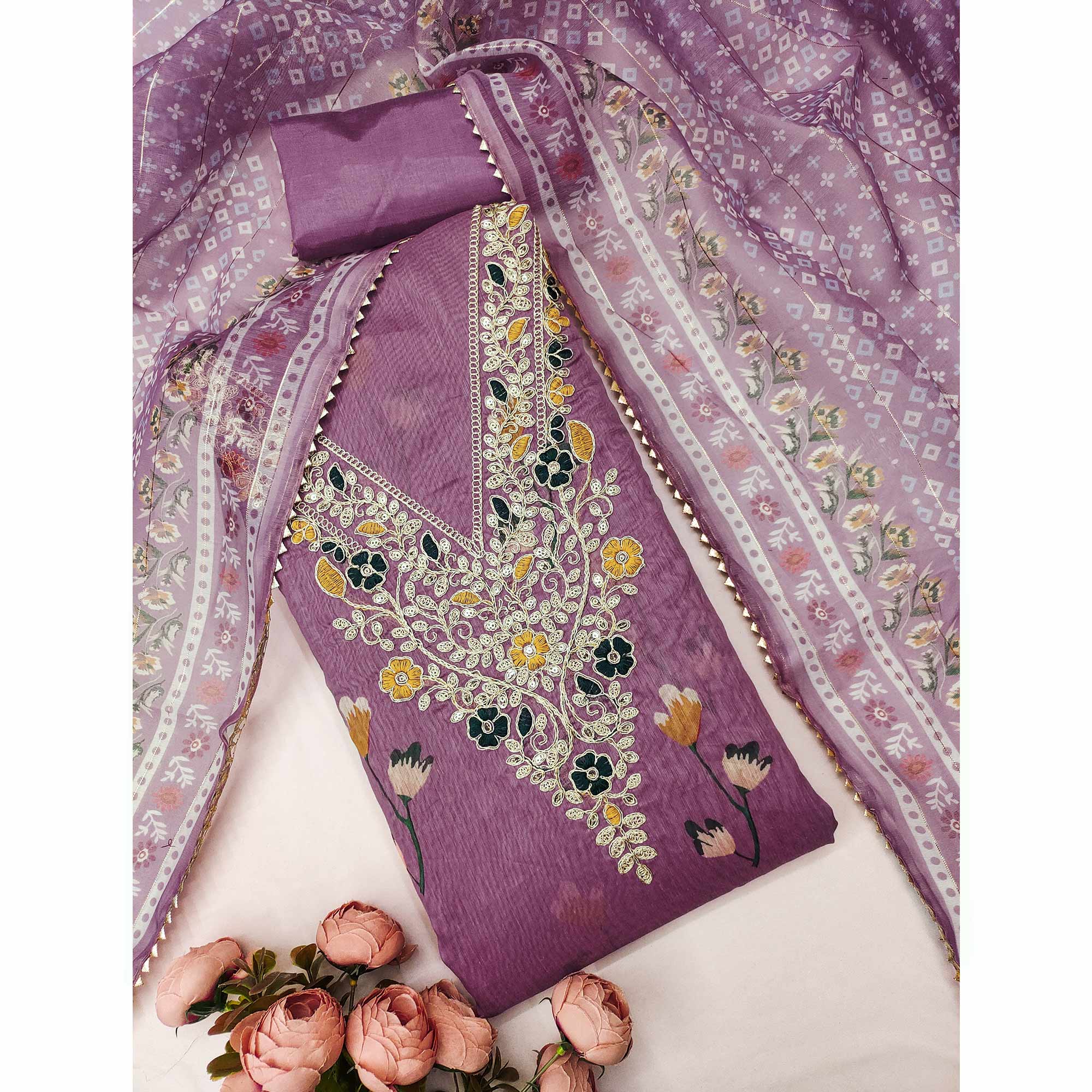 Lavender Chanderi Silk Dress Material With Digital Floral Print & Cording Embroidery Work