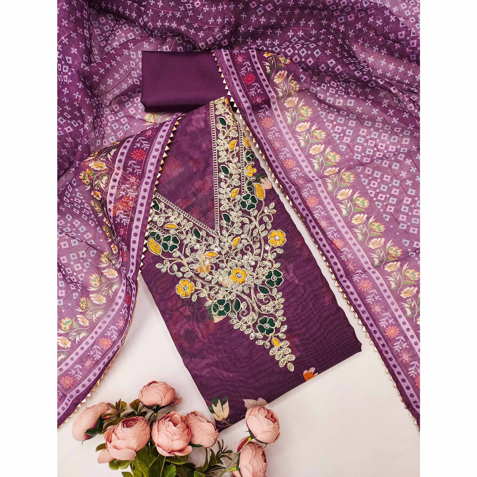 Purple Chanderi Silk Dress Material With Digital Floral Print & Cording Embroidery Work