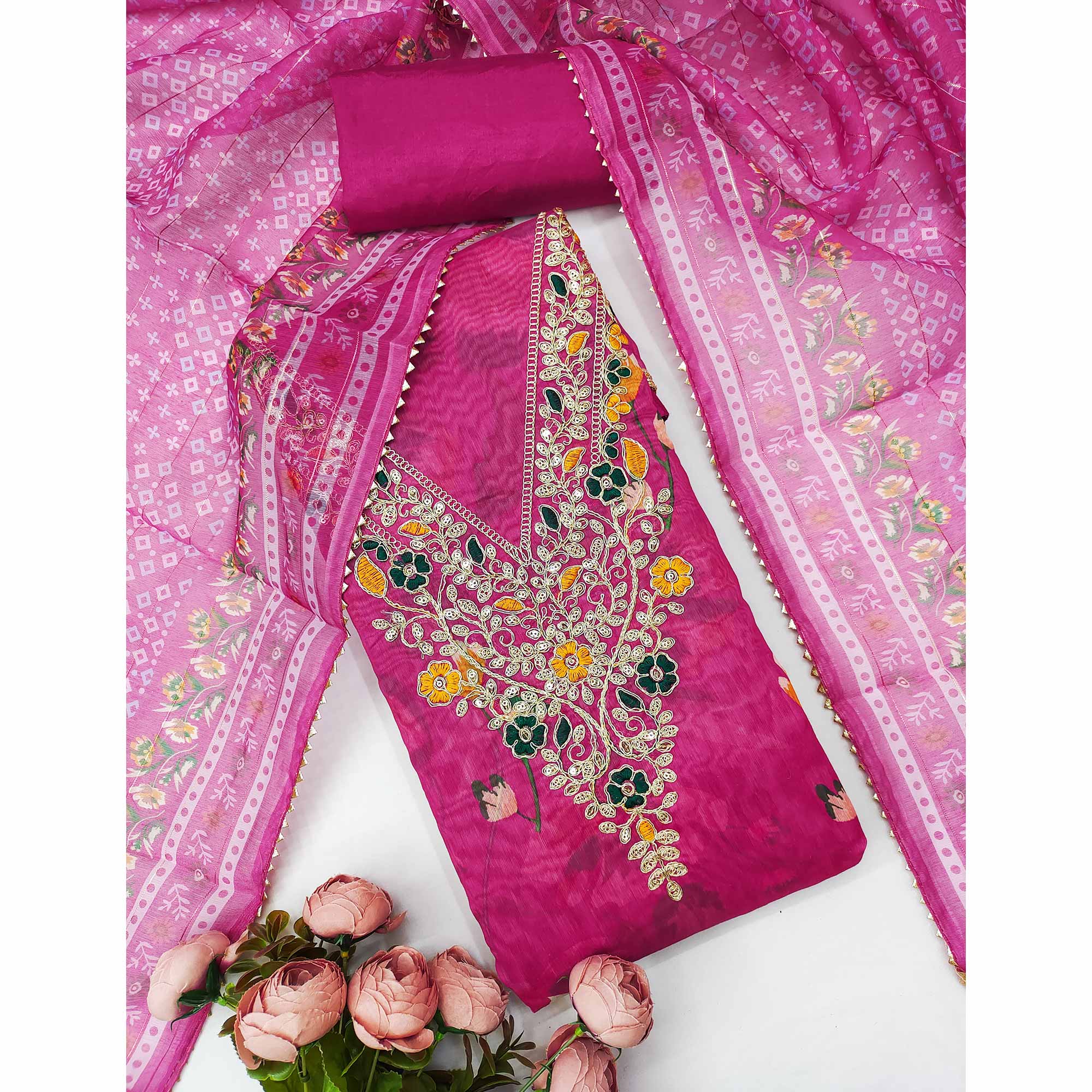 Rani Pink Chanderi Silk Dress Material With Digital Floral Print & Cording Embroidery Work