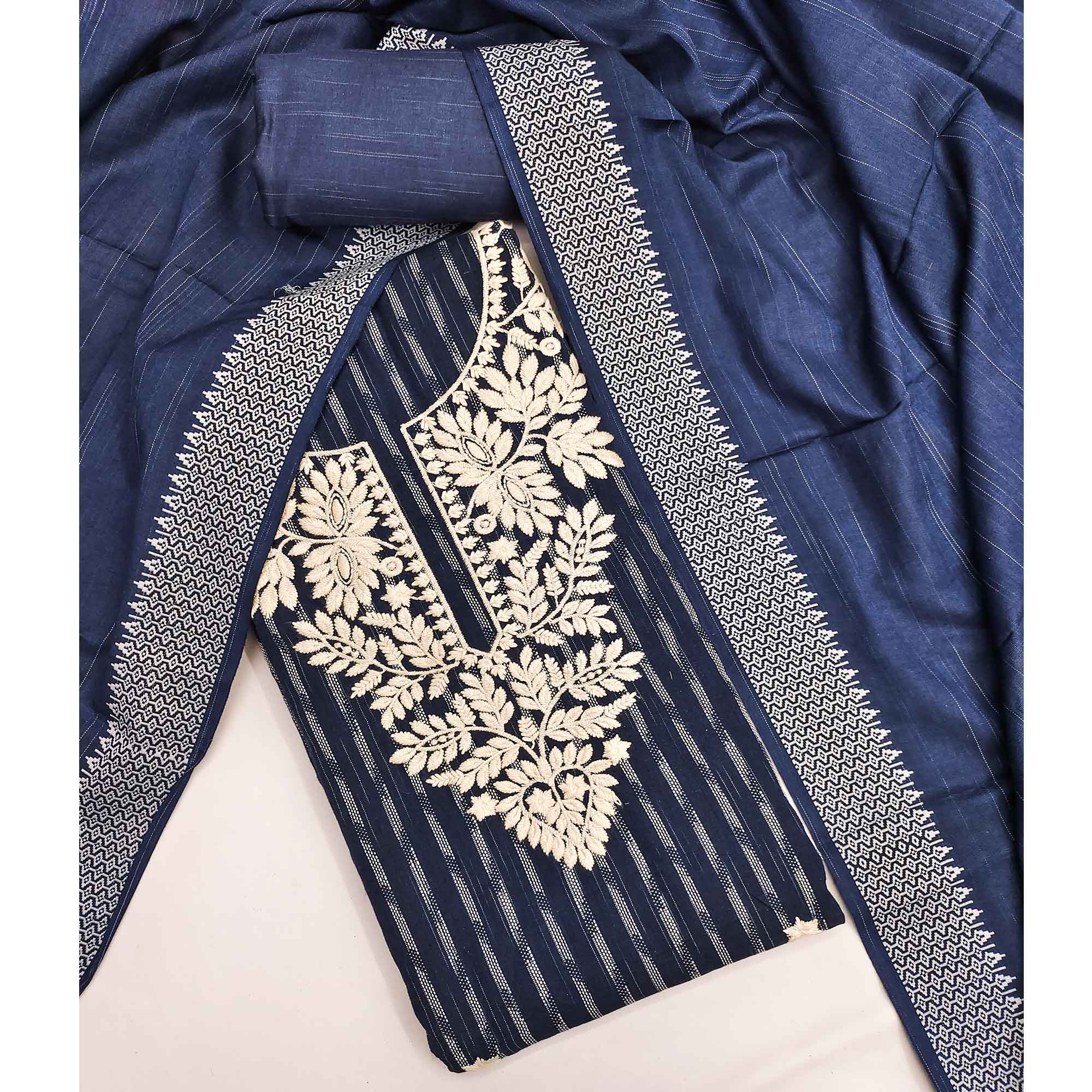 Elegant Navy Blue Floral Embroidered Cotton Blend Dress Material With Striking Striped Weaving