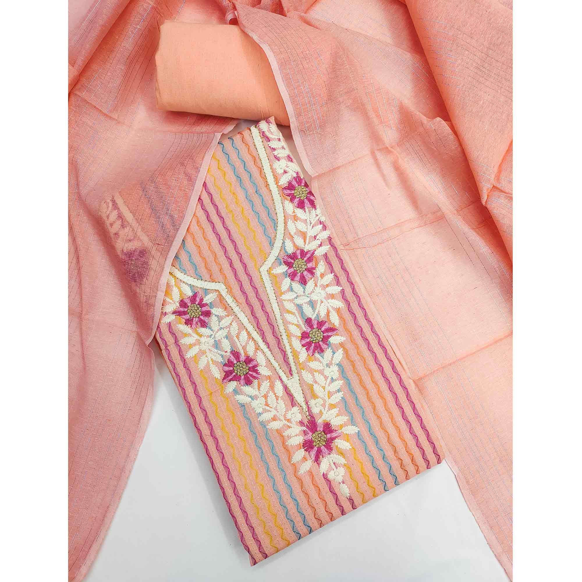 Peach Cotton Blend Dress Material Highlighted With Floral Embroidery & Modern Stripes