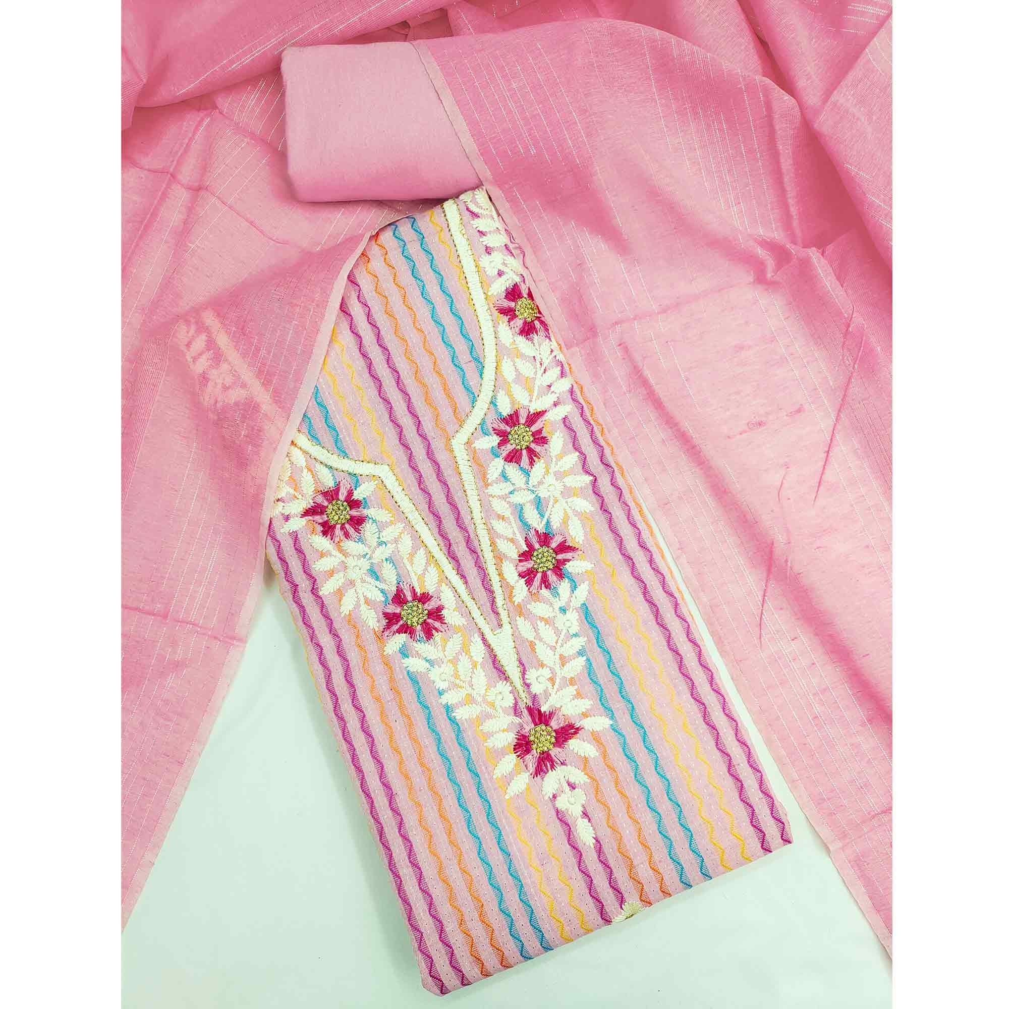 Pink Cotton Blend Dress Material Highlighted With Floral Embroidery & Modern Stripes