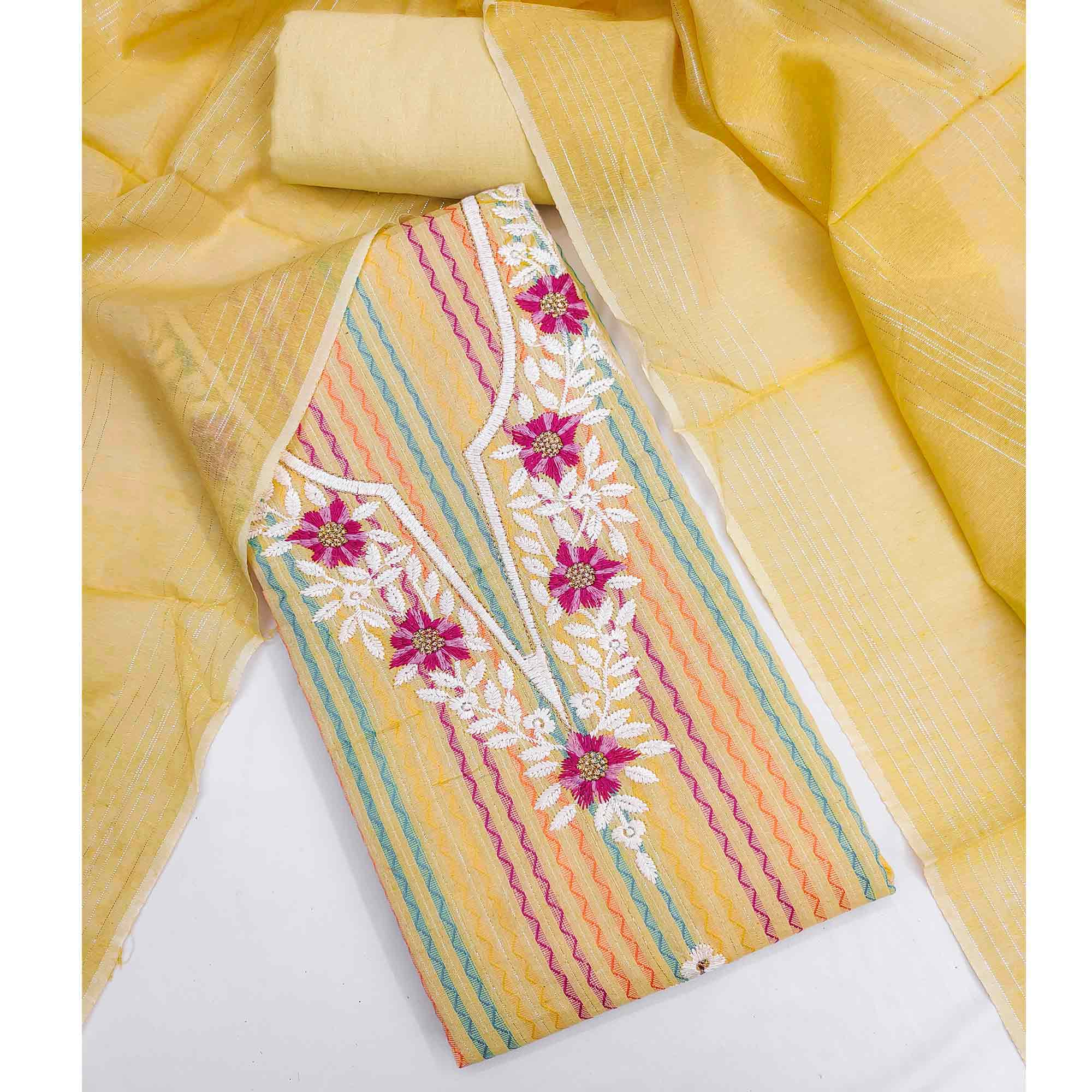 Yellow Cotton Blend Dress Material Highlighted With Floral Embroidery & Modern Stripes