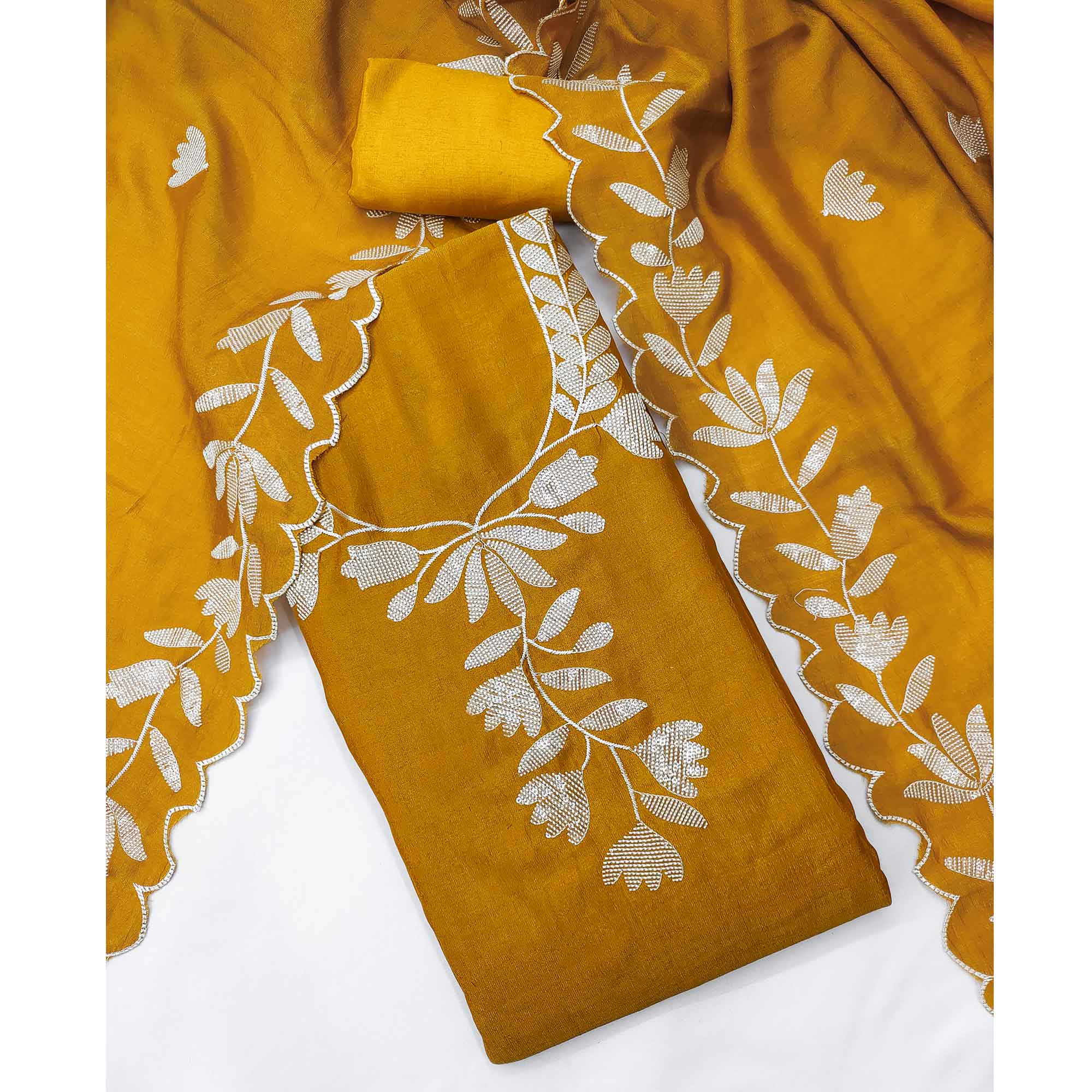 Mustard Vichitra Silk Dress Material Accented With Delicate Floral Thread Embroidery & Sequins