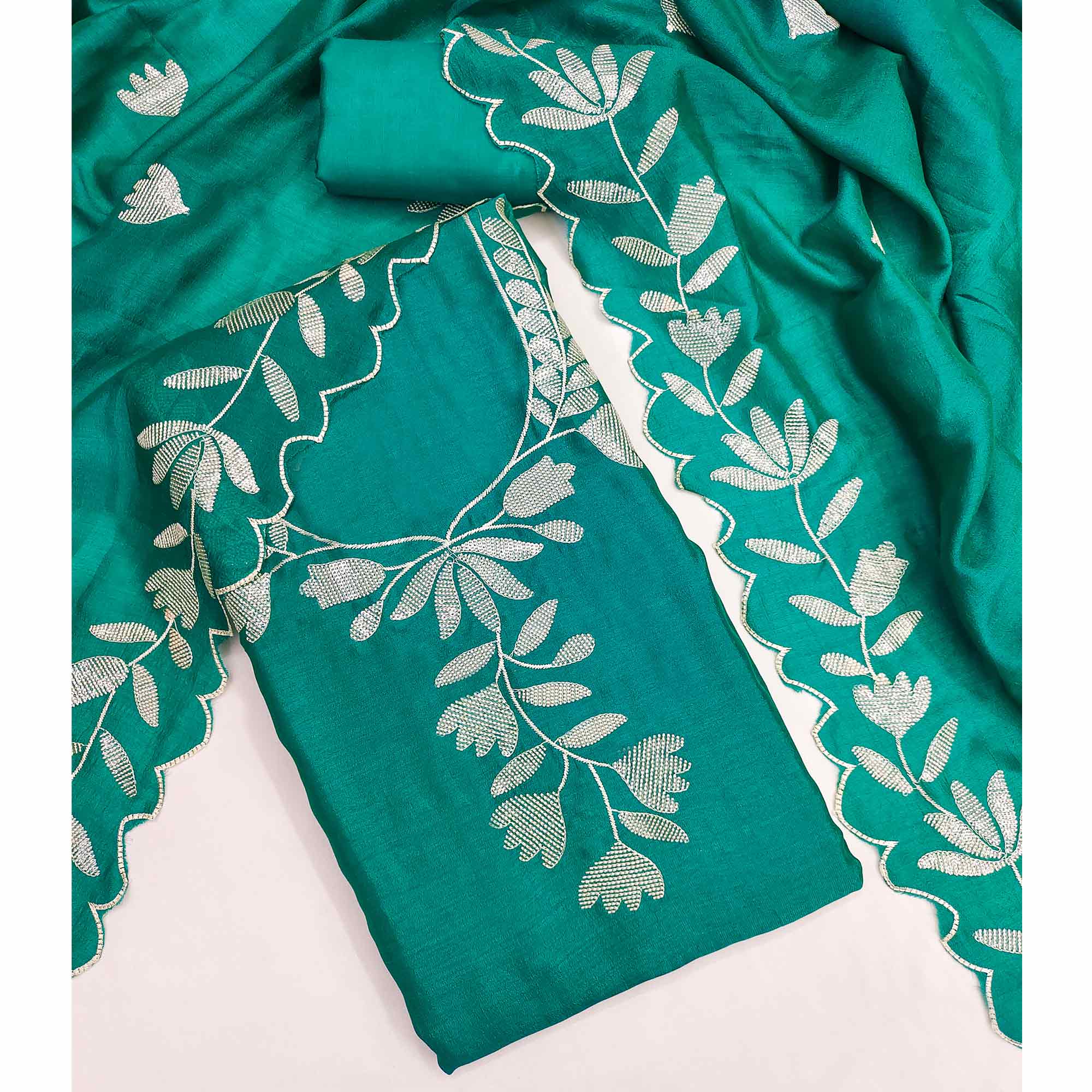 Rama Green Vichitra Silk Dress Material Accented With Delicate Floral Thread Embroidery & Sequins