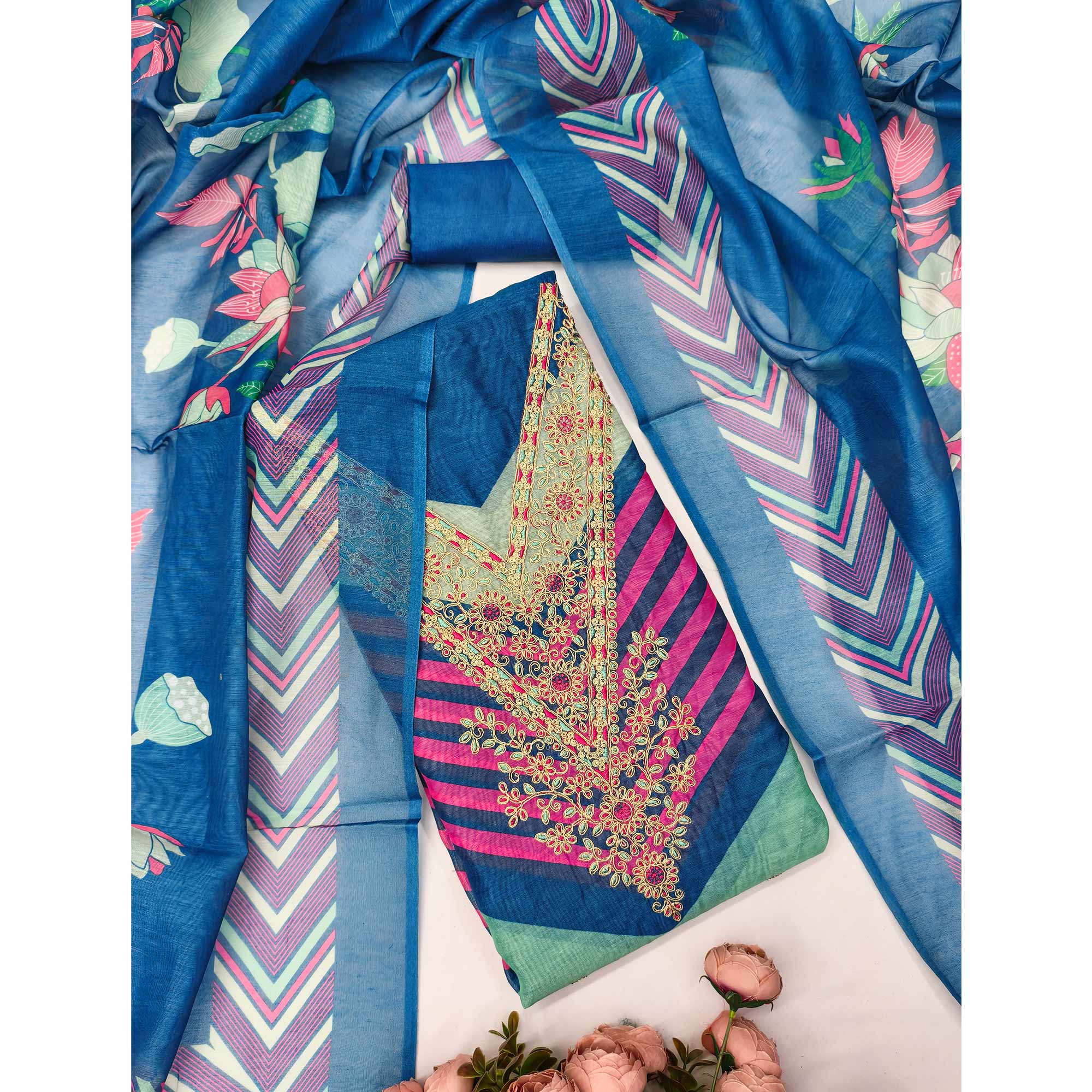 Blue Floral Digital Printed With Cording Embroidered Vichitra Silk Dress Material