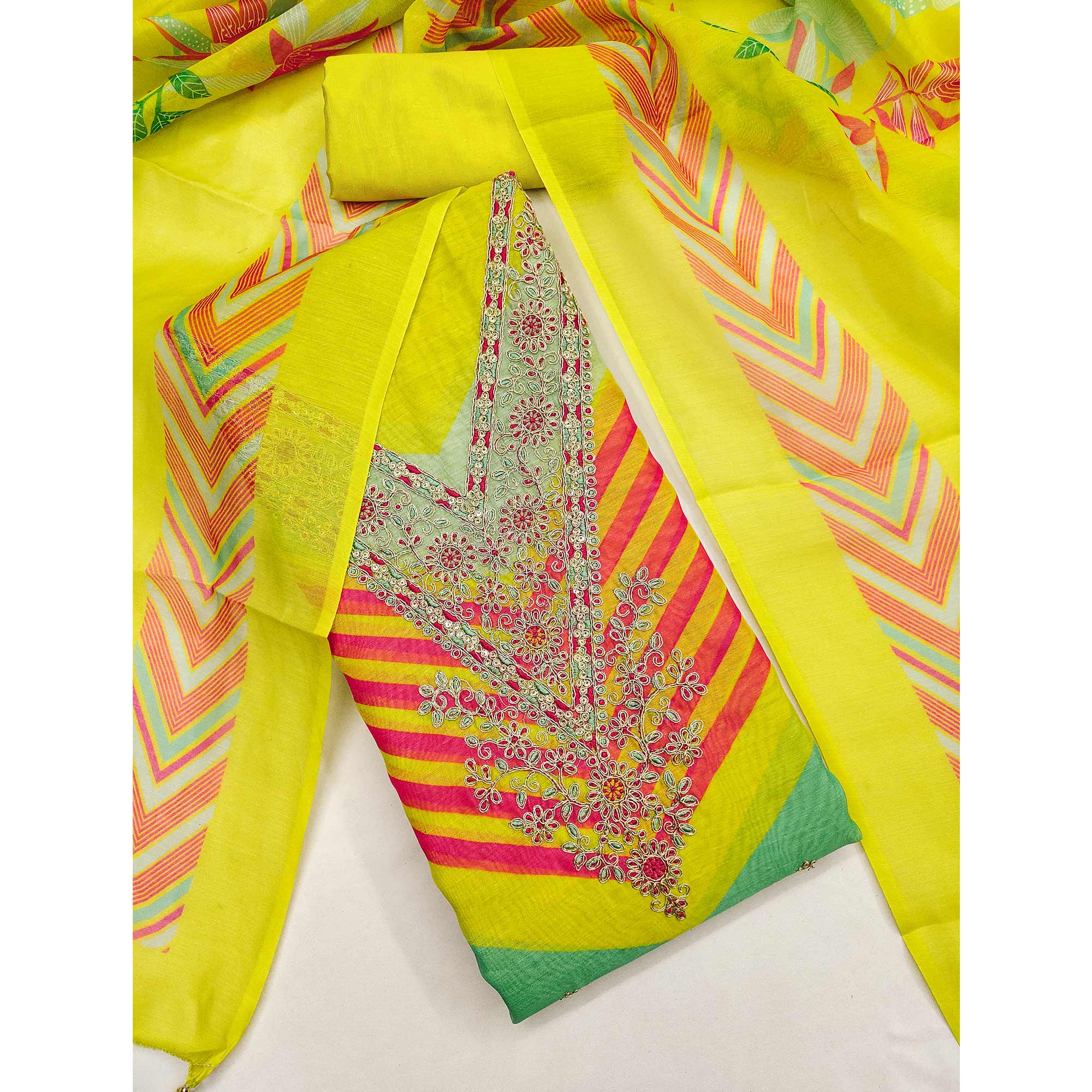 Lemon Green Floral Digital Printed With Cording Embroidered Vichitra Silk Dress Material