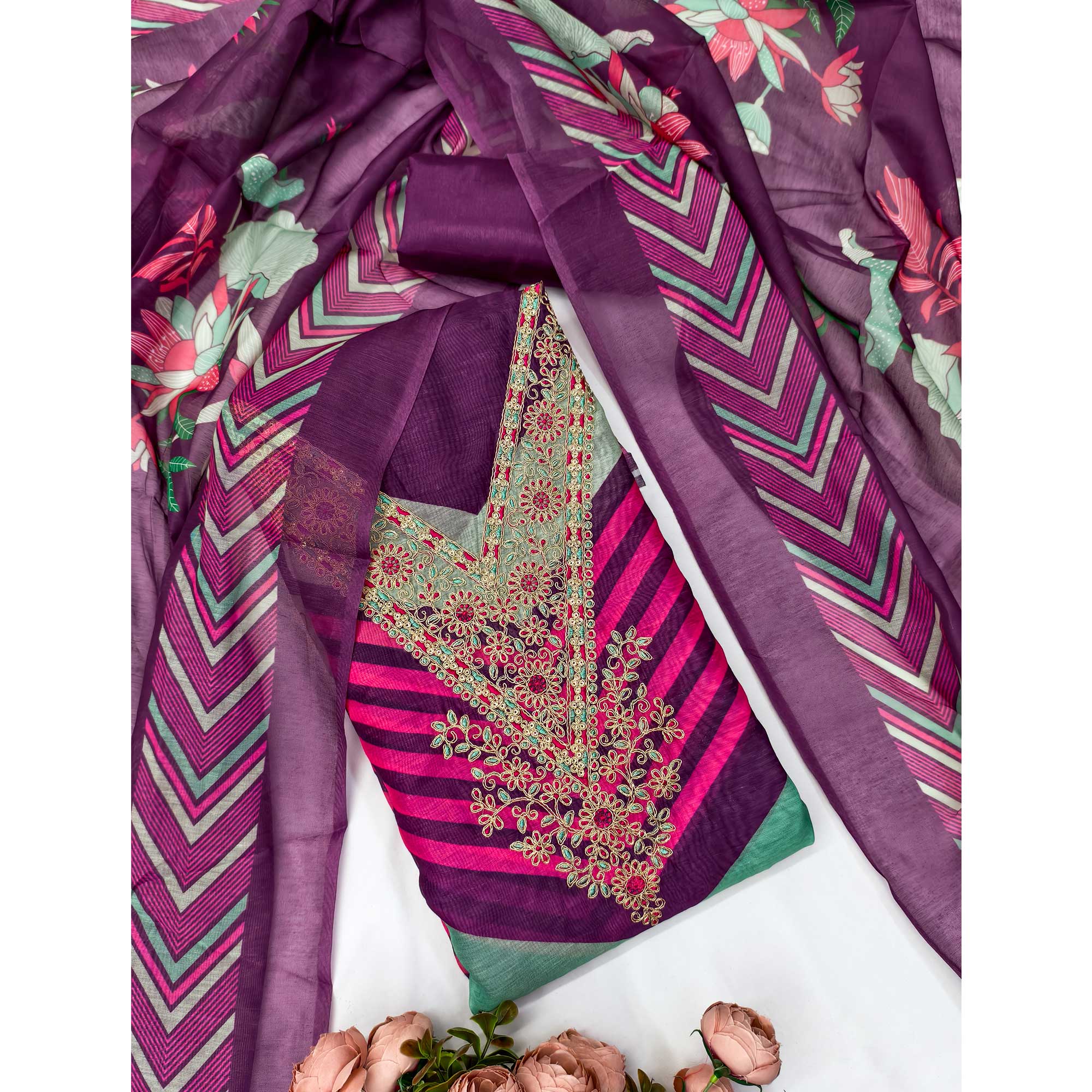 Purple Floral Digital Printed With Cording Embroidered Vichitra Silk Dress Material