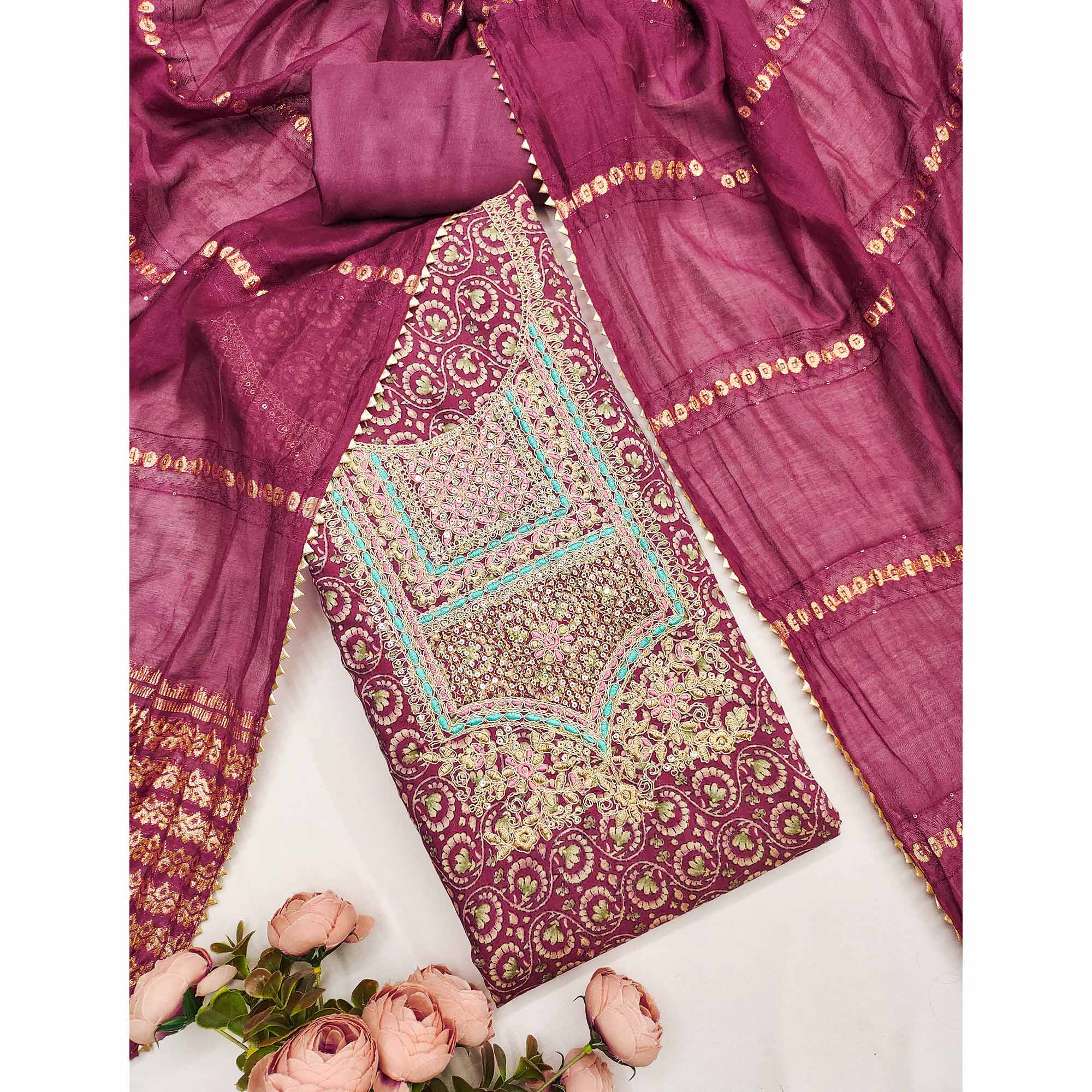 Elegant Dark Magenta Chanderi Silk Dress Material With Floral Print & Cording Embroidery