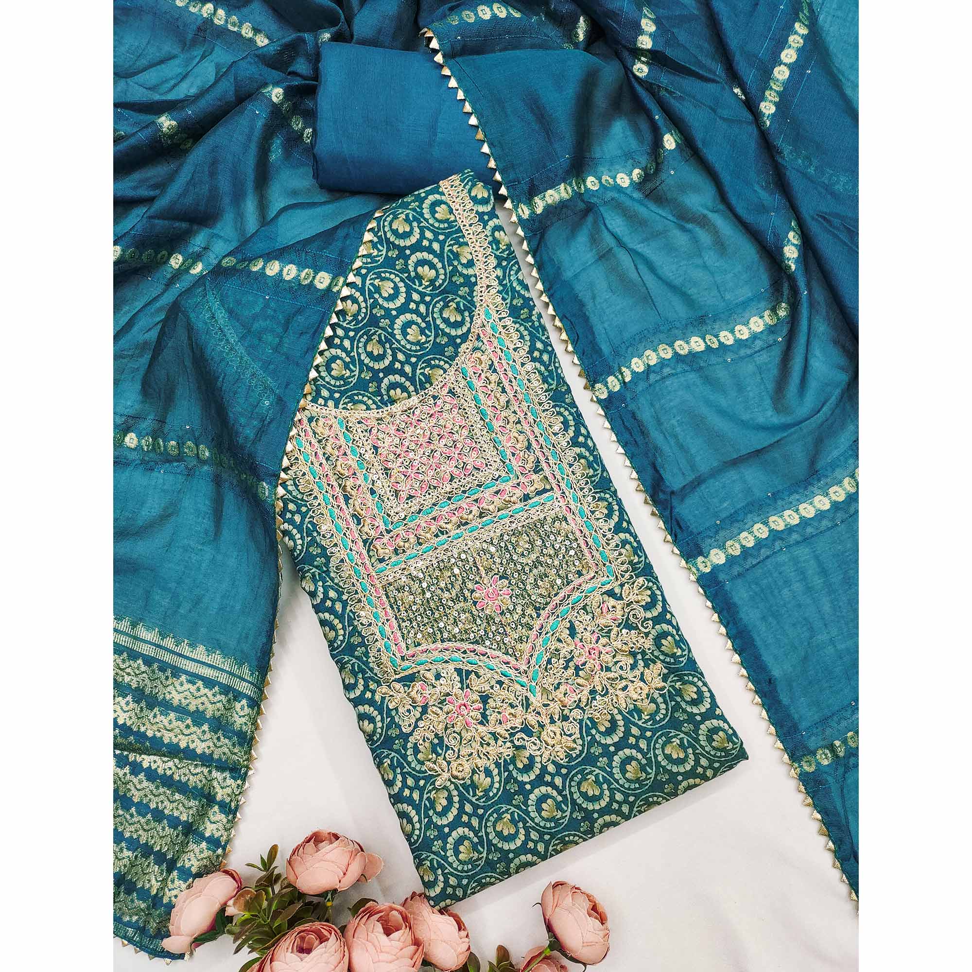 Elegant Morpich Blue Chanderi Silk Dress Material With Floral Print & Cording Embroidery