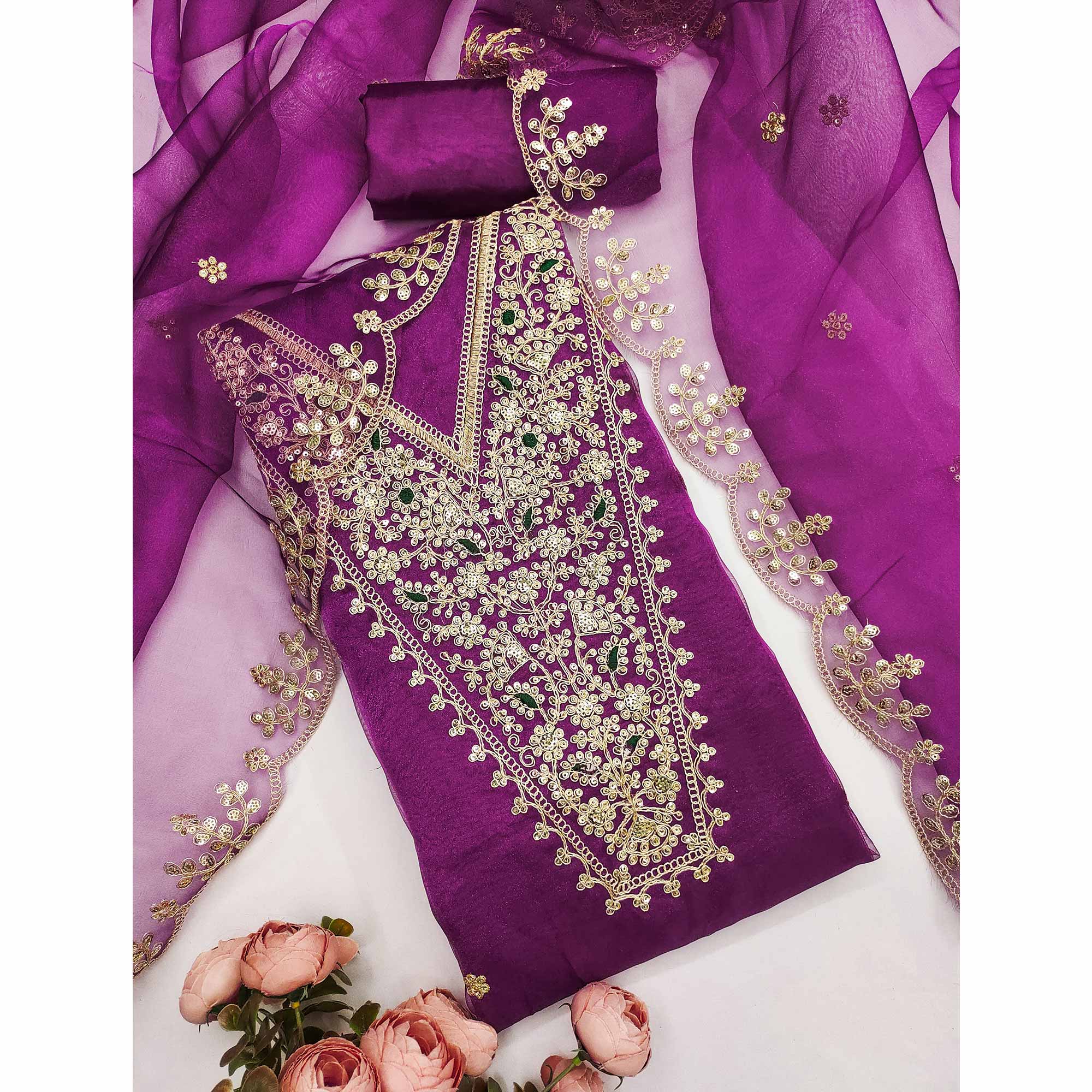 Purple Organza Fabric With Delicate Floral Cording Embroidery & Shimmering Sequins Work