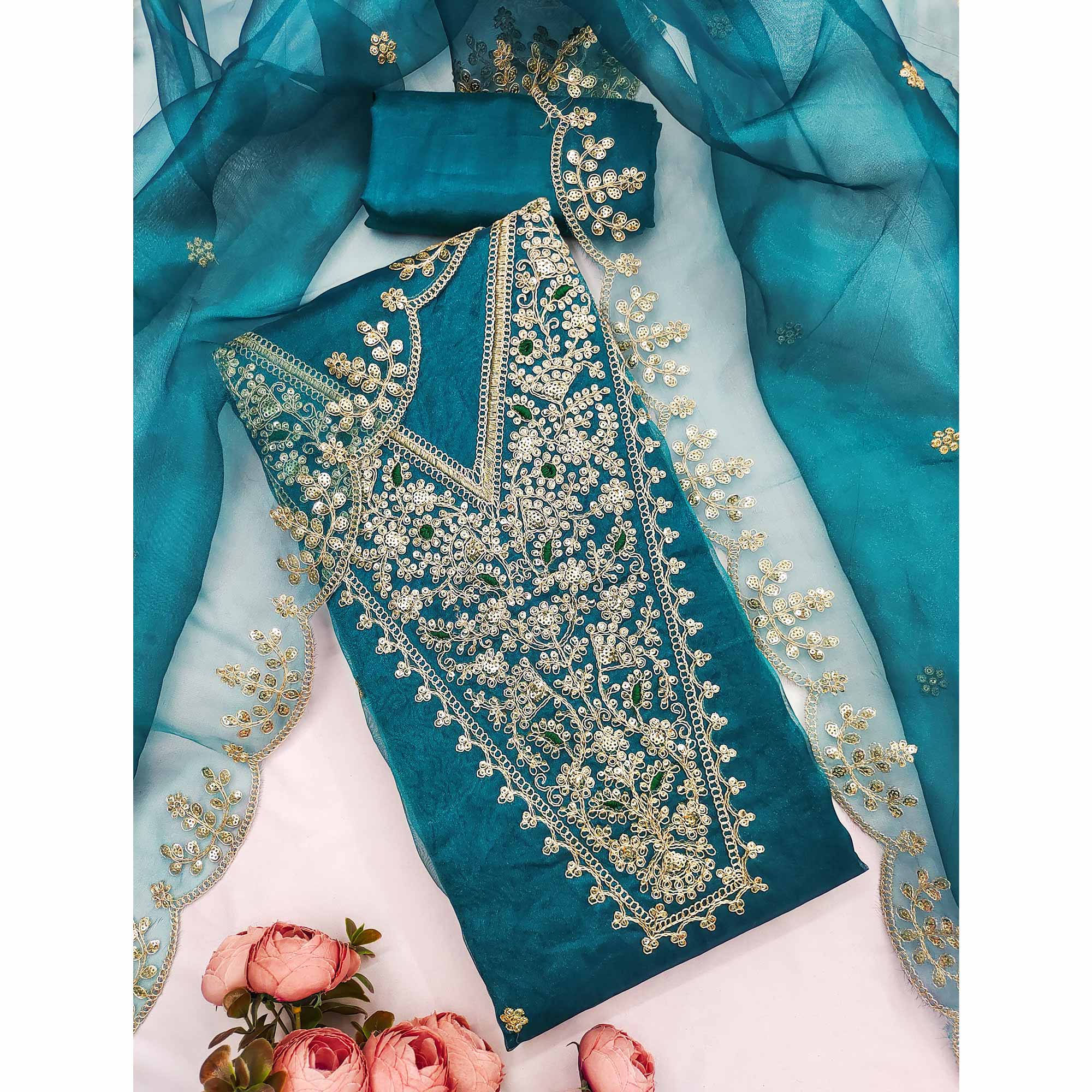 Rama Blue Organza Fabric With Delicate Floral Cording Embroidery & Shimmering Sequins Work