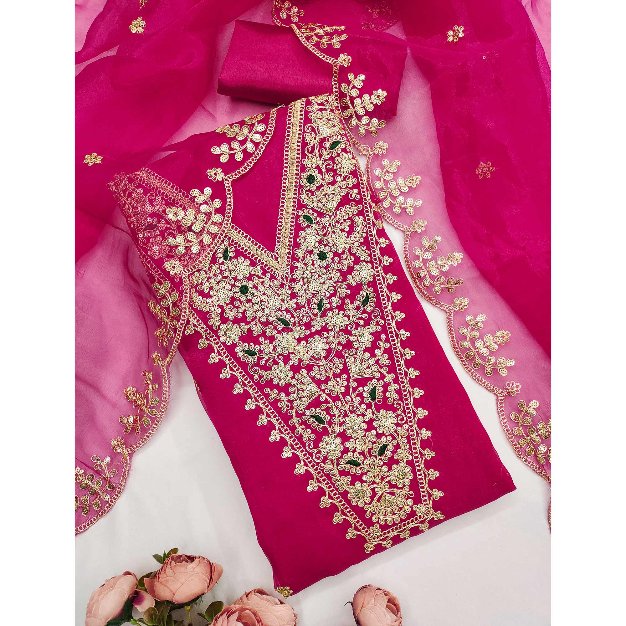 Rani pink Organza Fabric With Delicate Floral Cording Embroidery & Shimmering Sequins Work