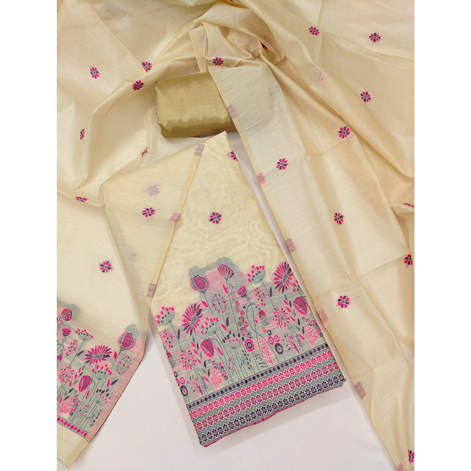 Cream and Magenta Dress Material Adorned with Floral Weaving on Chanderi Silk