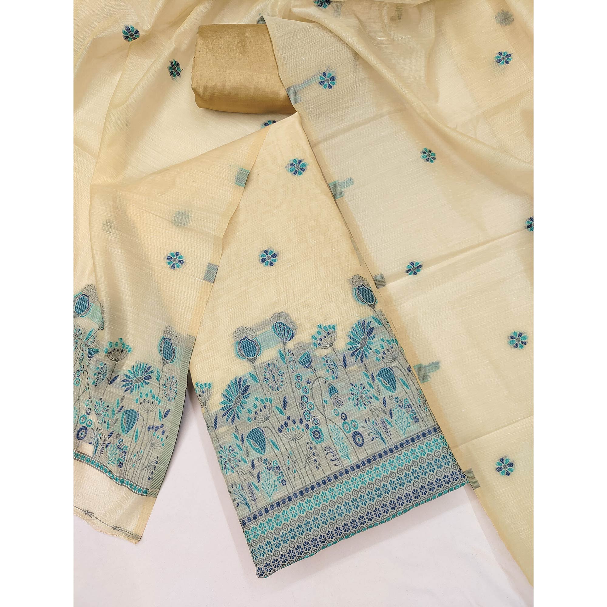 Cream and Blue Dress Material Adorned with Floral Weaving on Chanderi Silk
