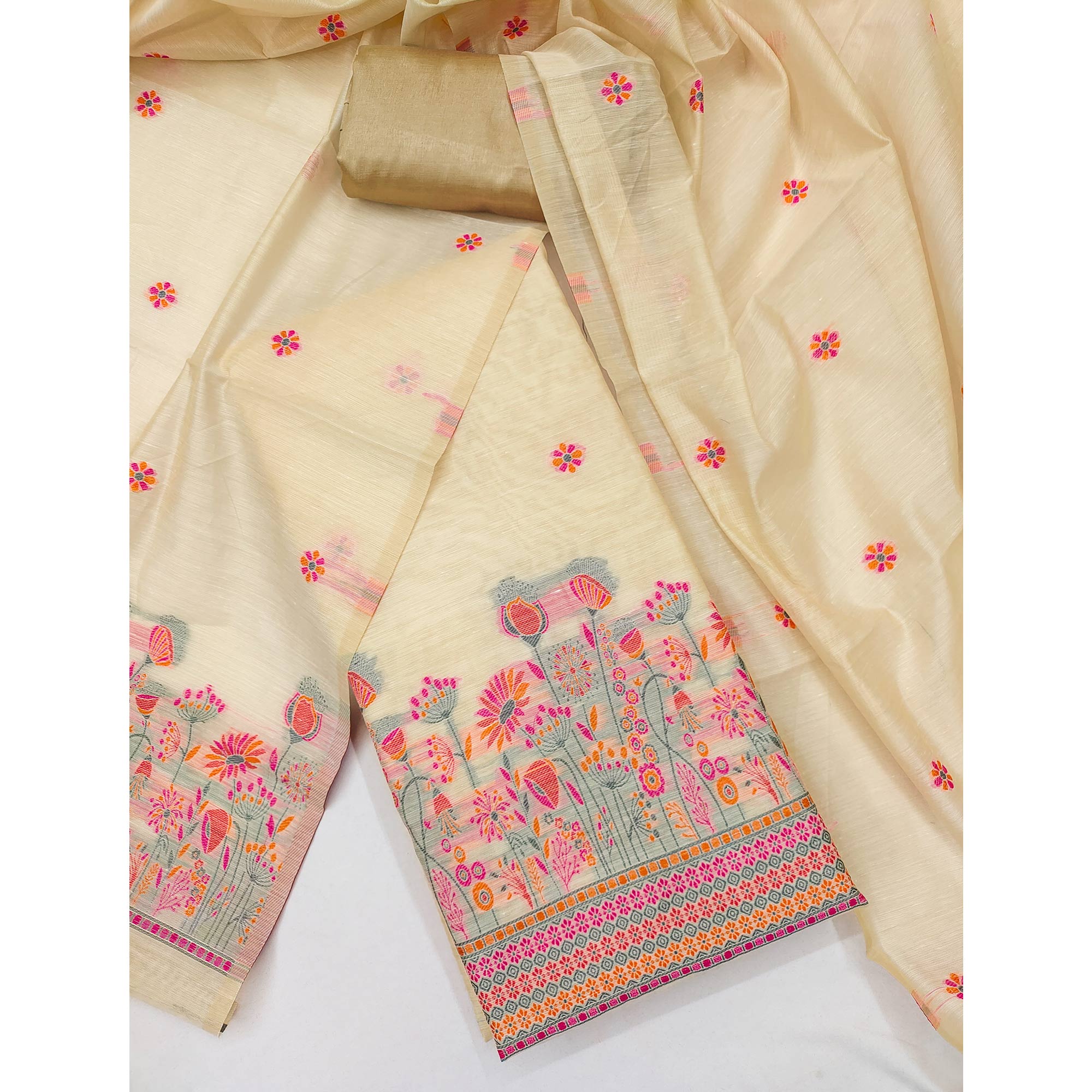Cream and Pink Dress Material Adorned with Floral Weaving on Chanderi Silk
