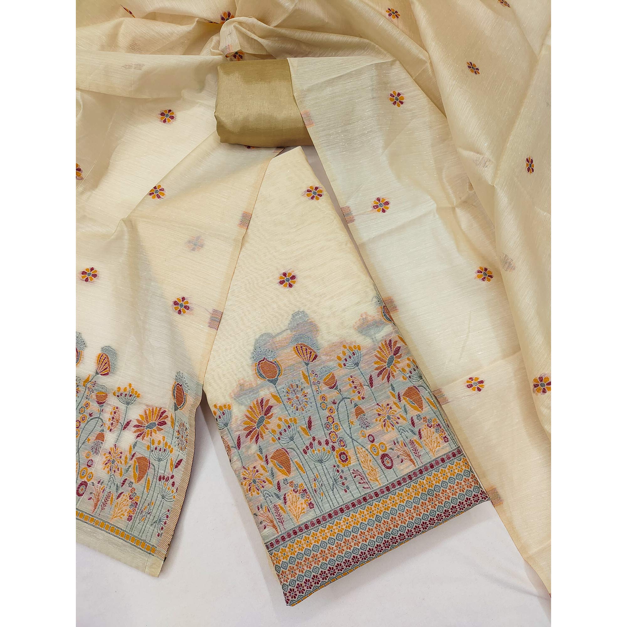 Cream and Mustard Dress Material Adorned with Floral Weaving on Chanderi Silk
