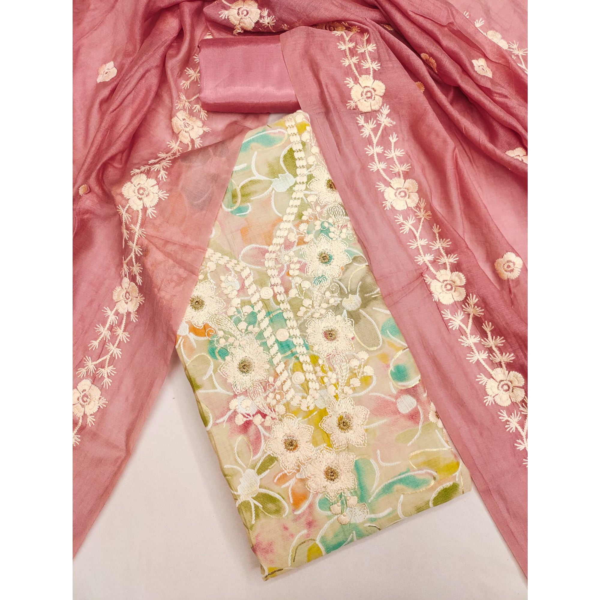 Cream & Pink Floral Printed Chanderi Silk Dress Material Adorned with Embroidery