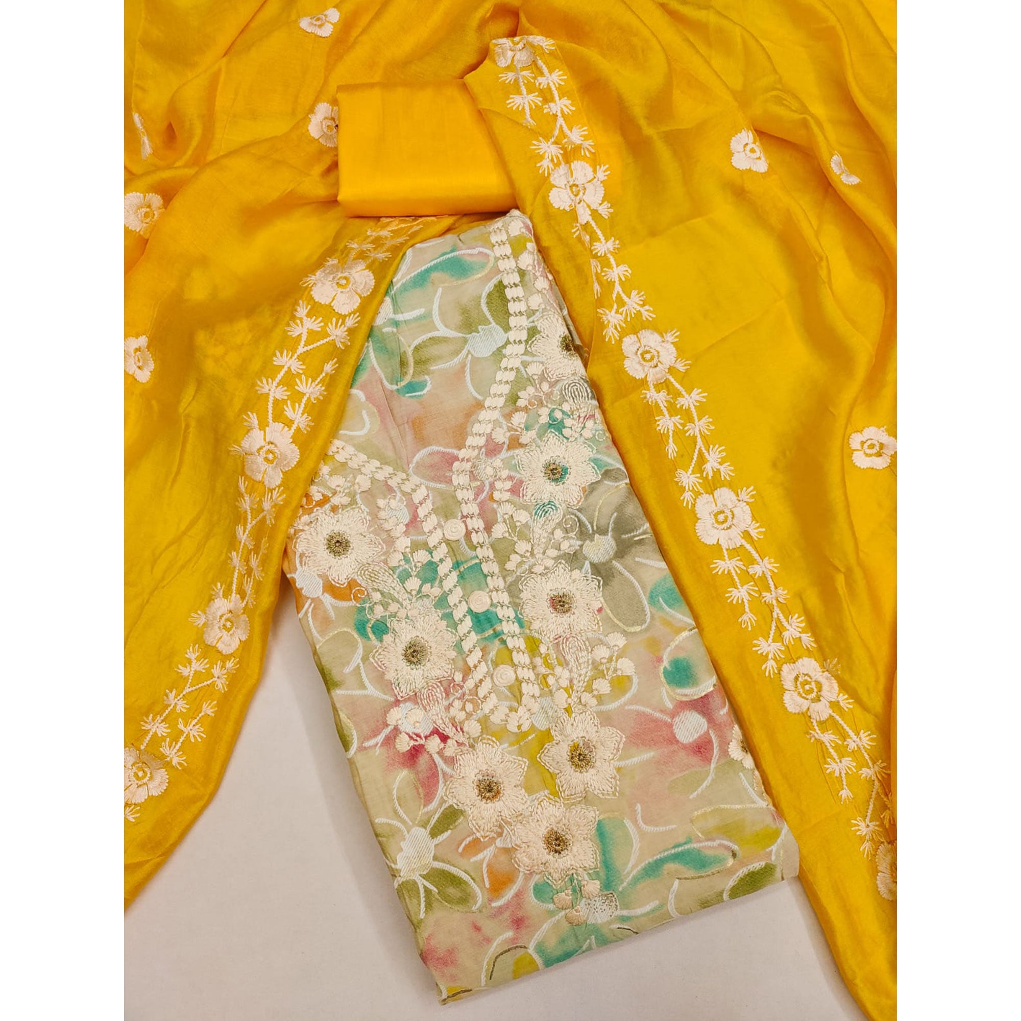 Cream & Yellow Floral Printed Chanderi Silk Dress Material Adorned with Embroidery