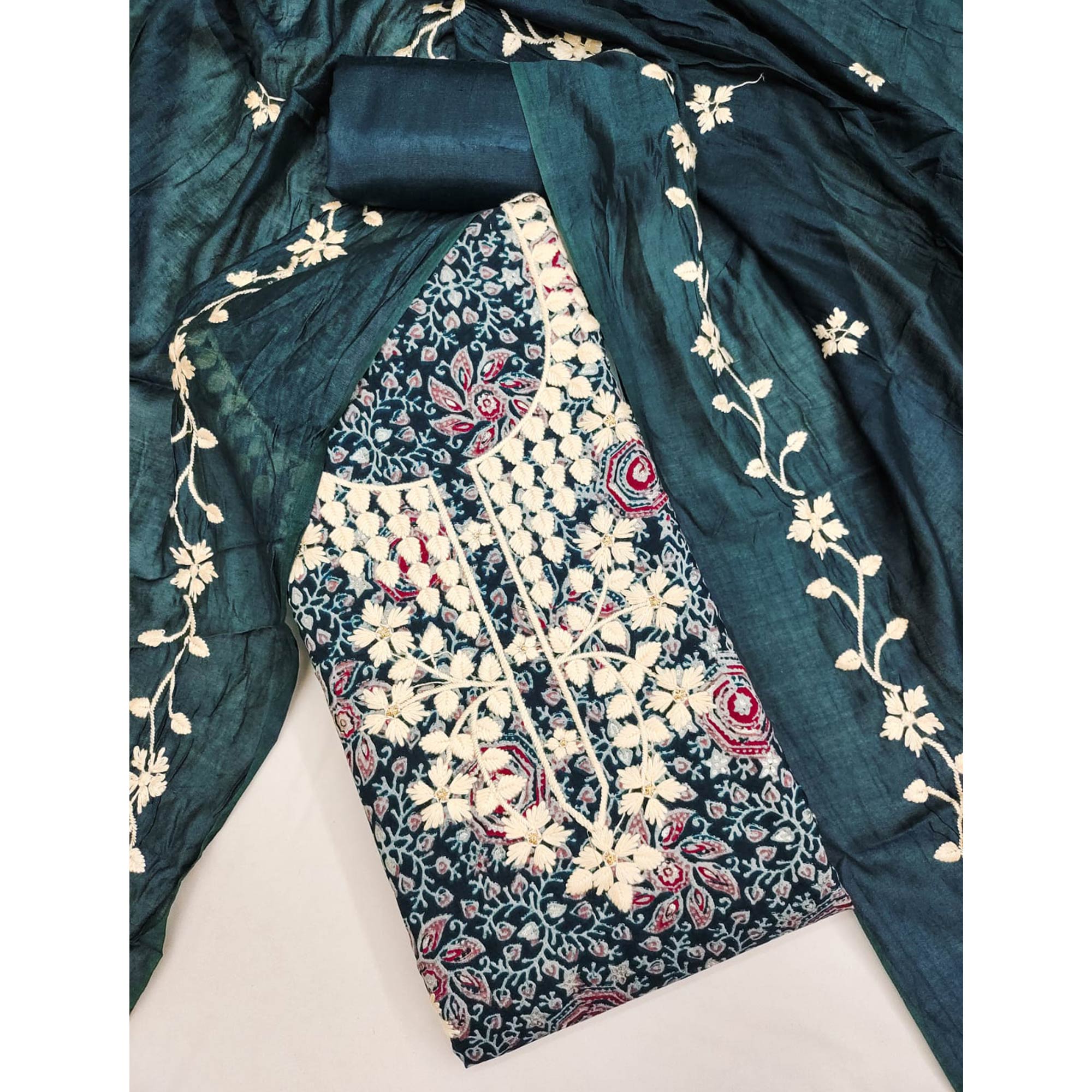 Blue Floral Printed Chanderi Silk Dress Material Adorned with Embroidery