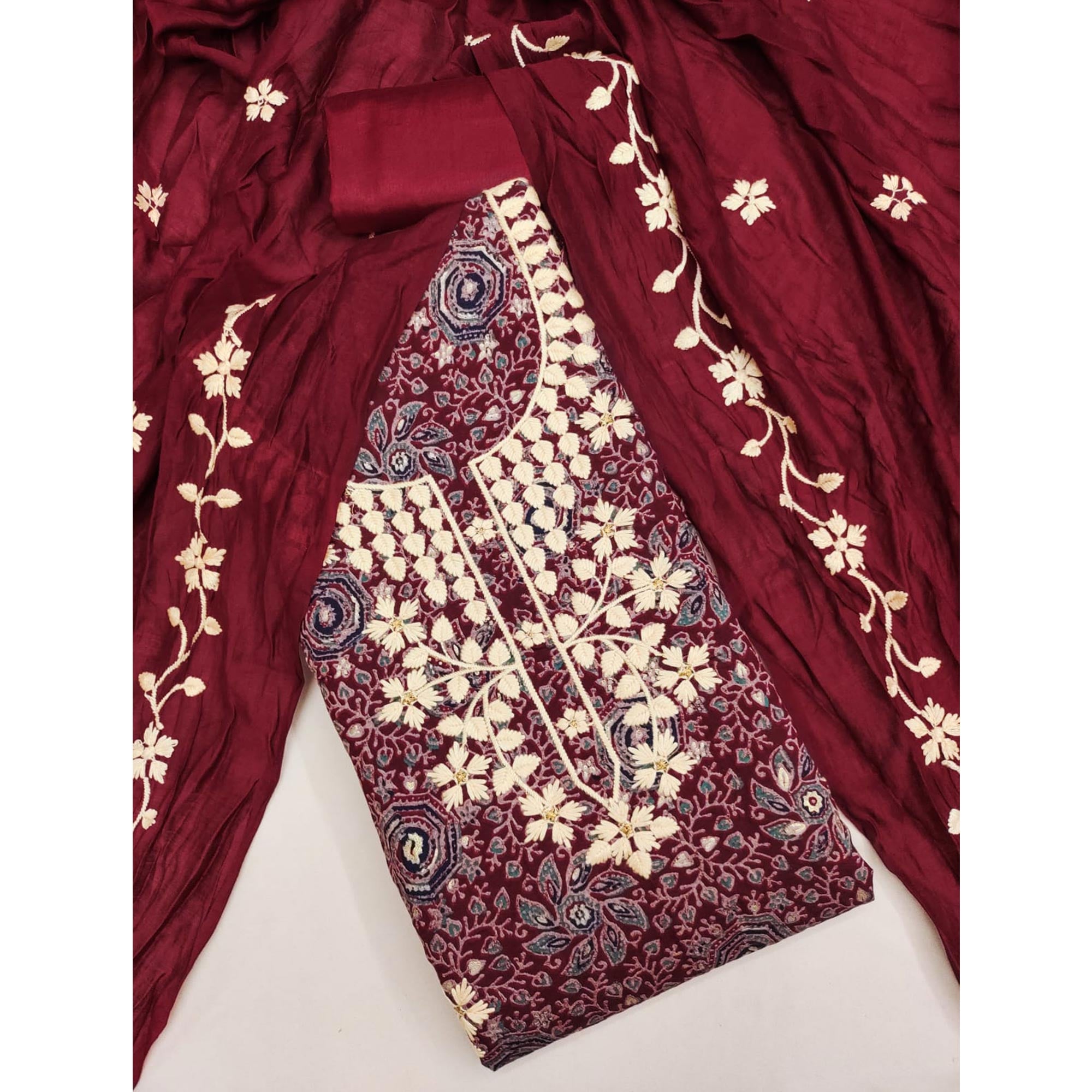 Maroon Floral Printed Chanderi Silk Dress Material Adorned with Embroidery