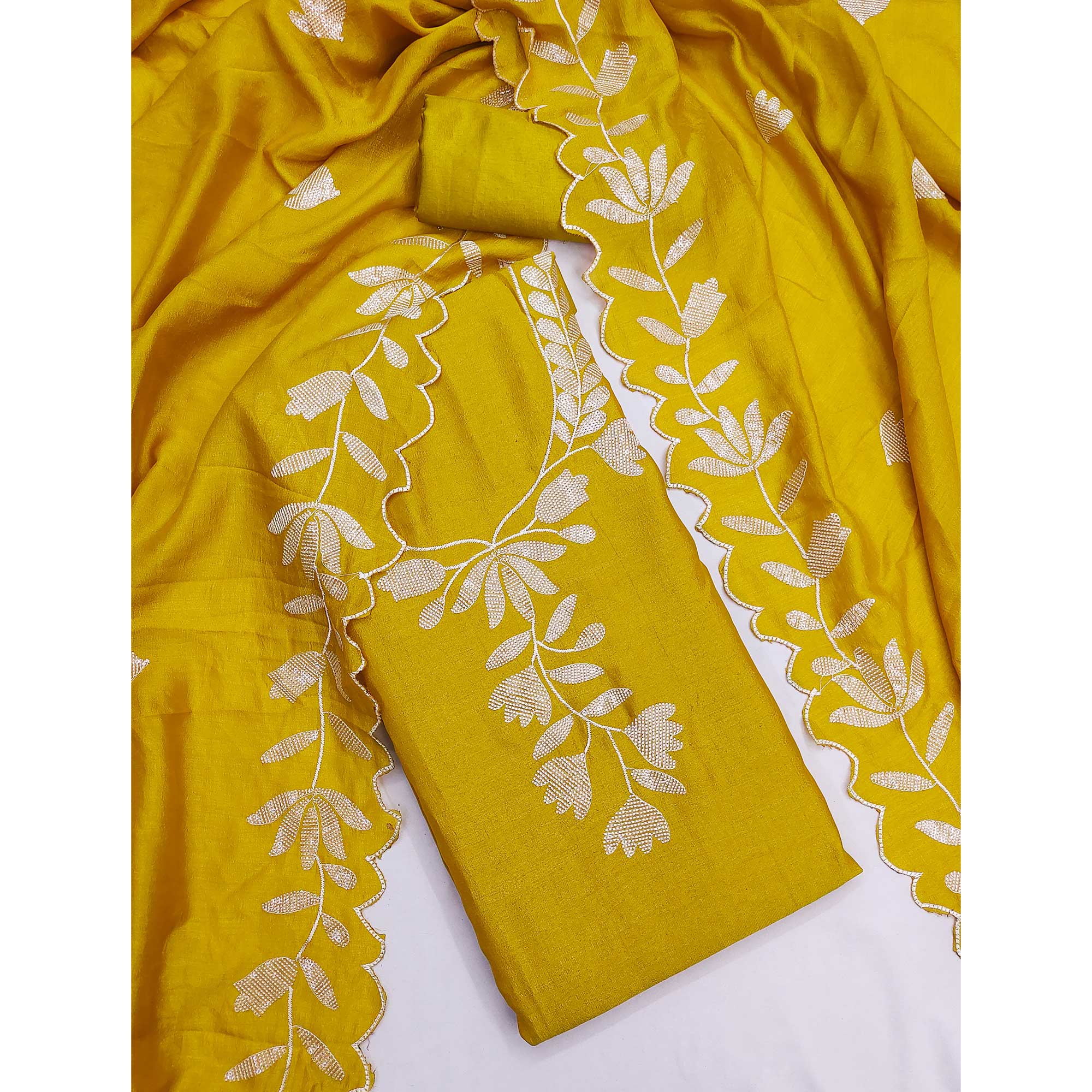 Mustard Vichitra Silk Dress Material With Delicate Floral Embroidery & Shimmering Sequins Work