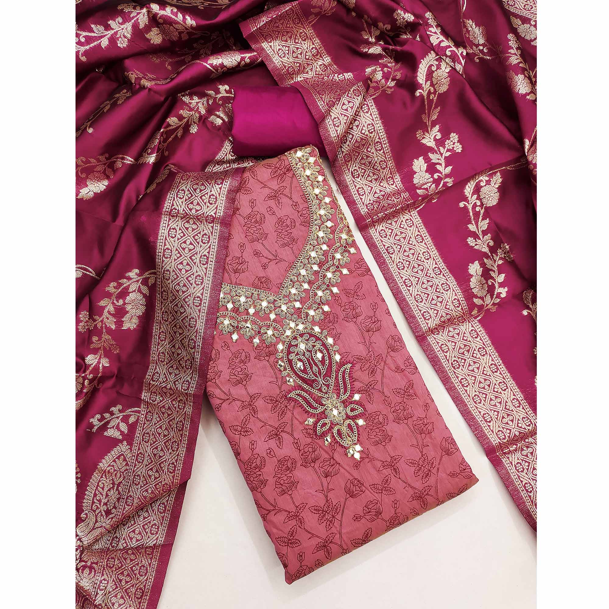 Pink Chanderi Silk Dress Material Featuring Floral Print & Cording Embroidered Detailing