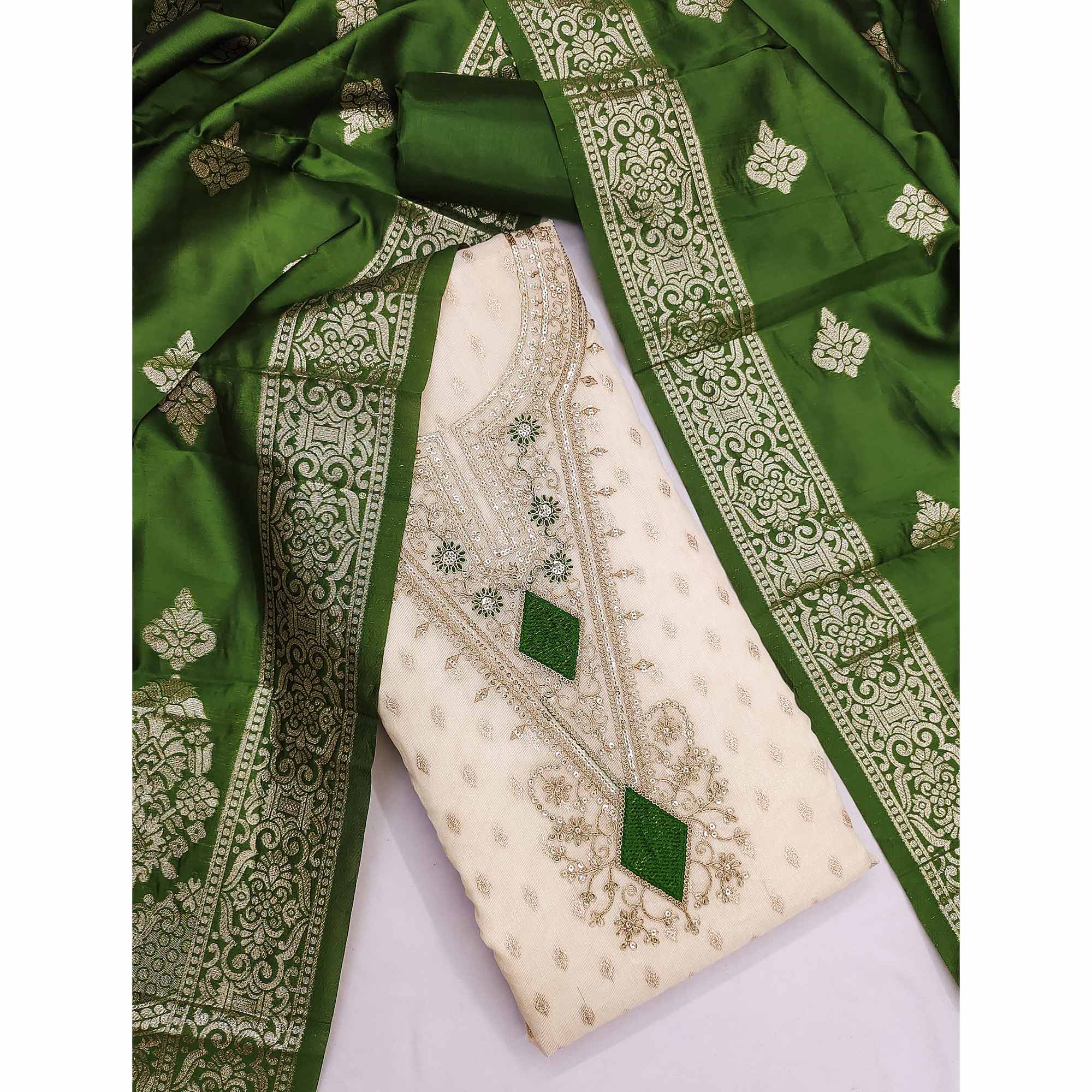 Cream & Green Floral Butti Weaving With Intricate Cording Embroidered Shimmer Dress Material