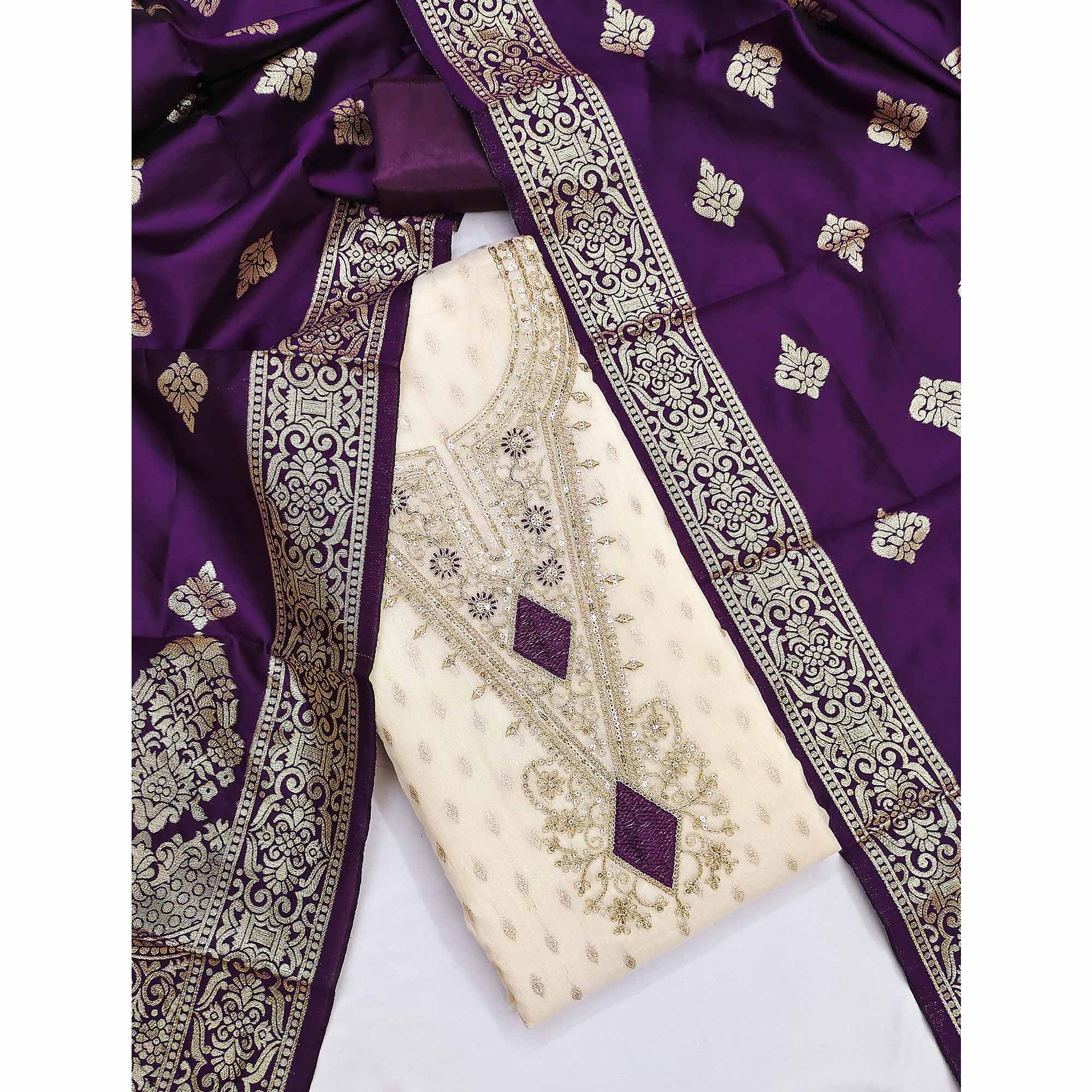 Cream & Purple Floral Butti Weaving With Intricate Cording Embroidered Shimmer Dress Material