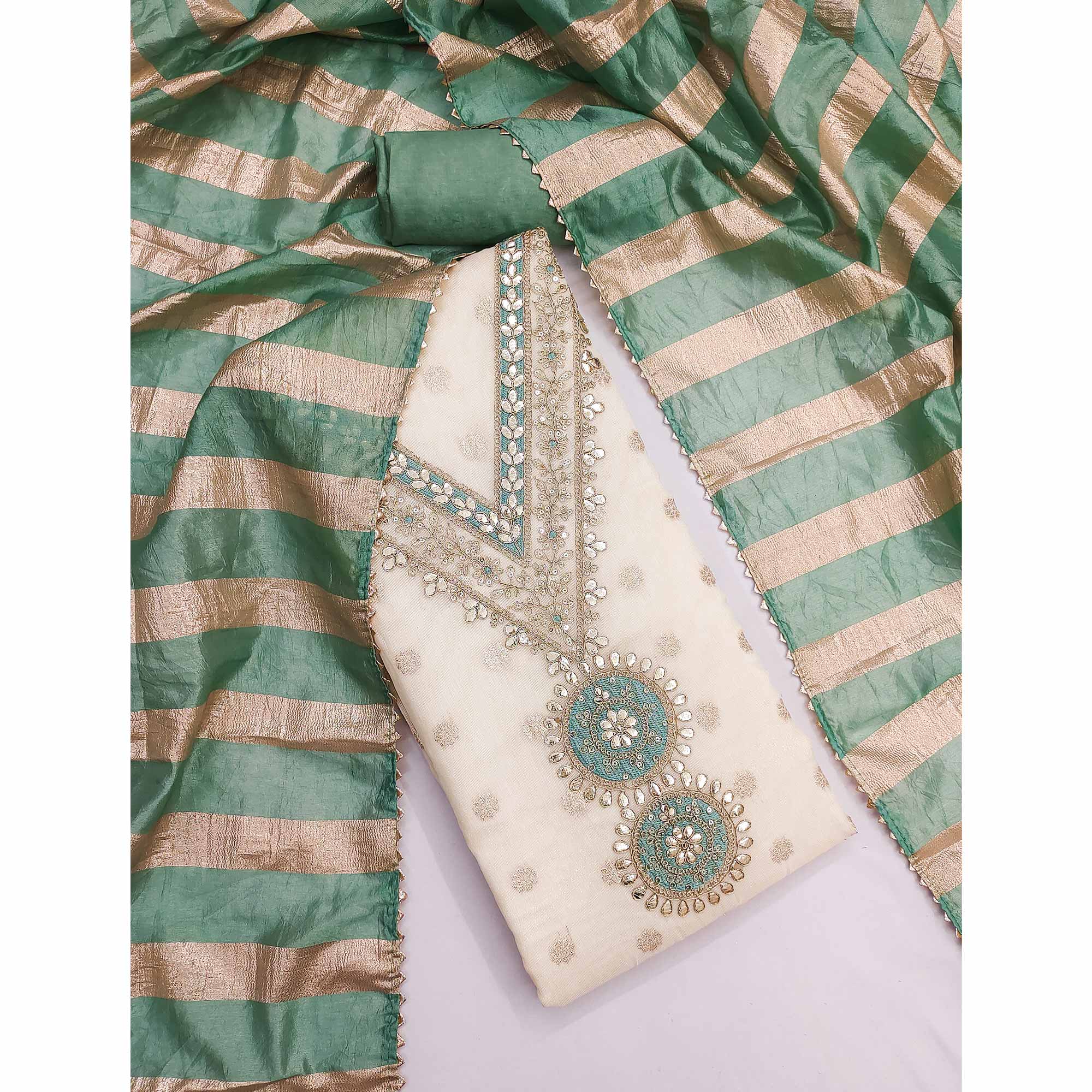Cream & Green Floral Butti Woven Shimmer Dress Material With Cording Embroidered Detailing