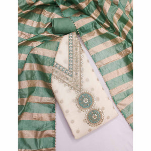 Cream & Green Floral Butti Woven Shimmer Dress Material With Cording Embroidered Detailing
