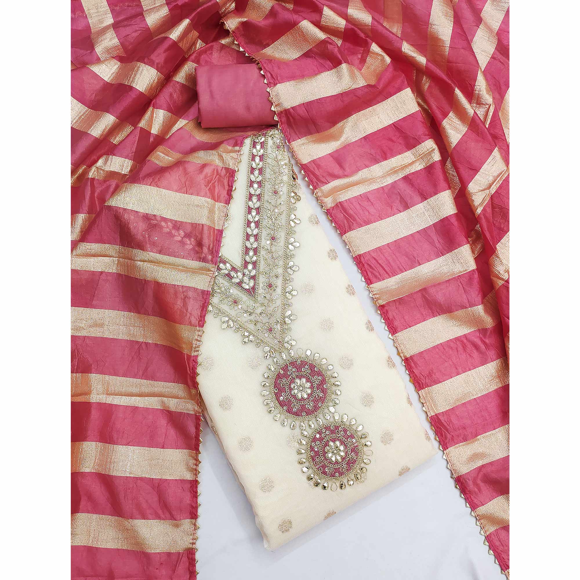 Cream & Pink Floral Butti Woven Shimmer Dress Material With Cording Embroidered Detailing