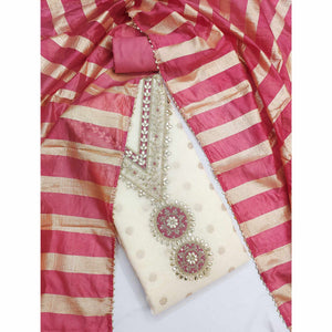 Cream & Pink Floral Butti Woven Shimmer Dress Material With Cording Embroidered Detailing