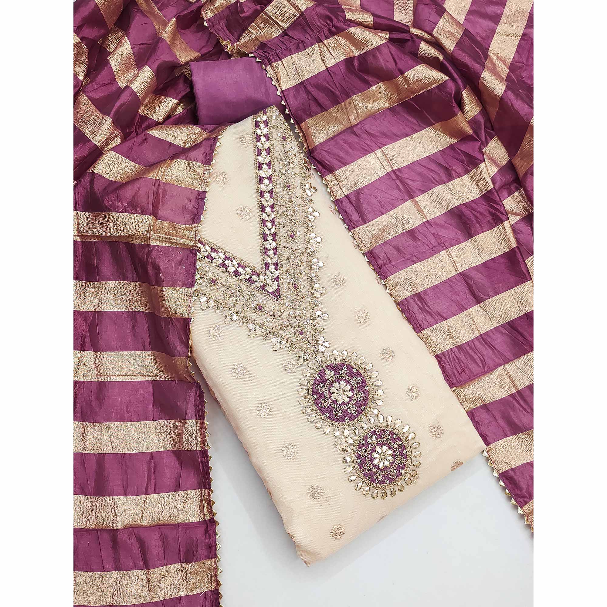 Cream & Purple Floral Butti Woven Shimmer Dress Material With Cording Embroidered Detailing