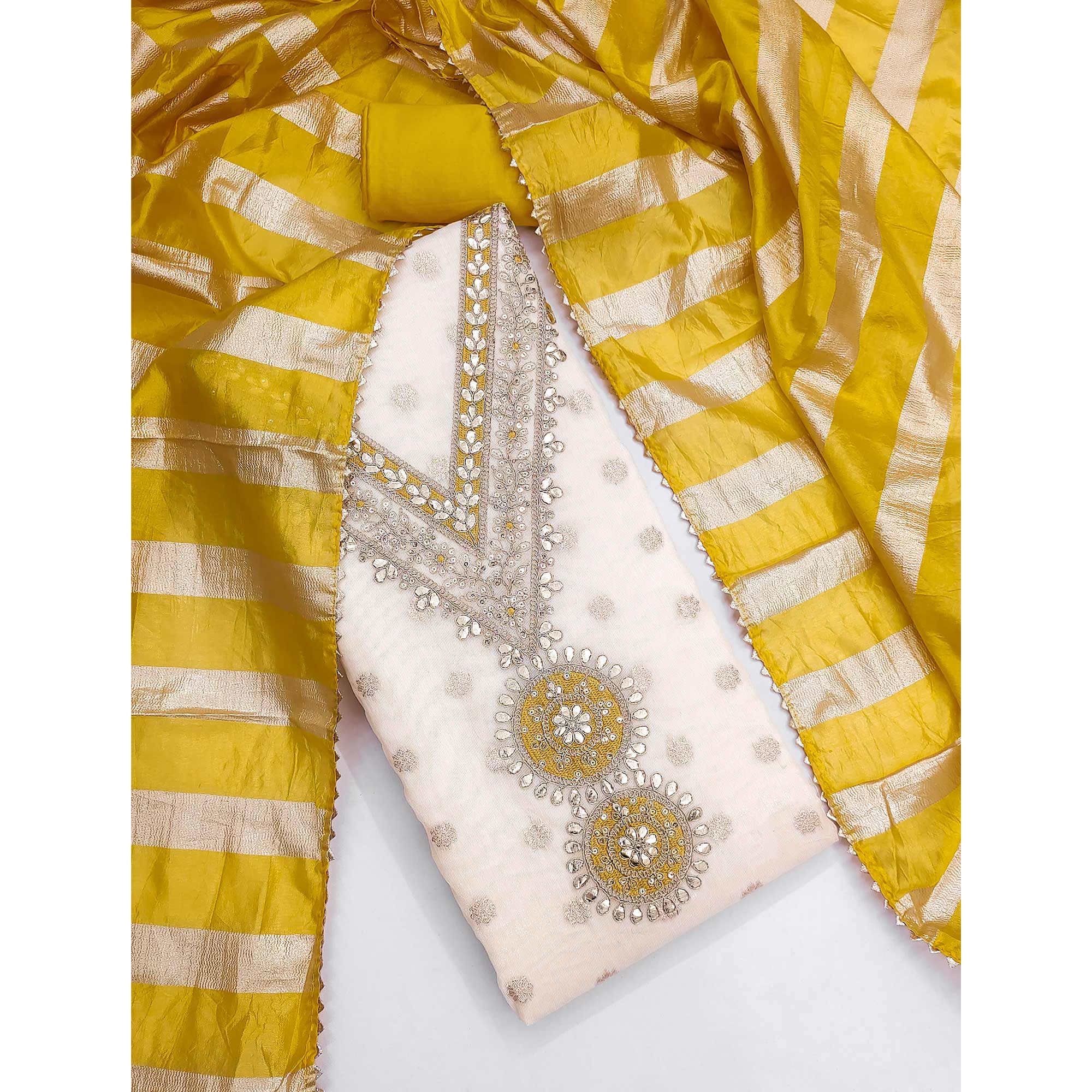 Cream & Yellow Floral Butti Woven Shimmer Dress Material With Cording Embroidered Detailing