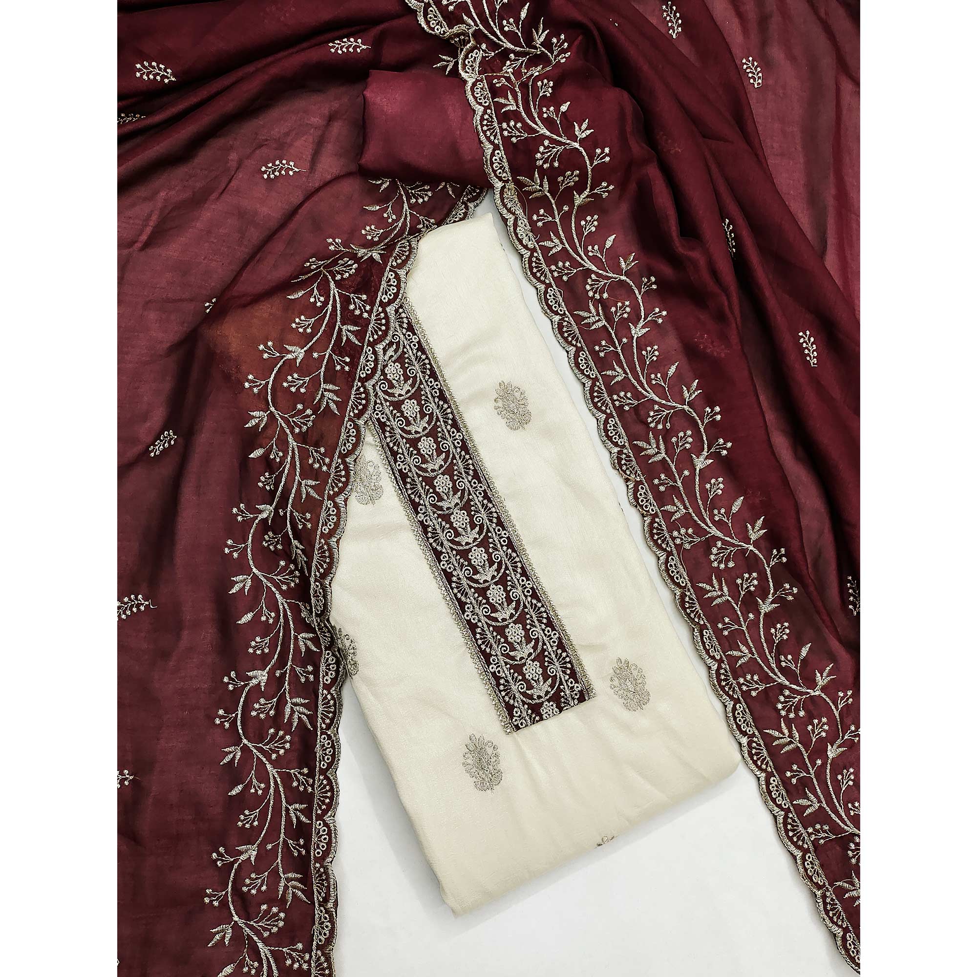 Cream & Maroon Vichitra Silk Dress Material Featuring Intricate Floral Zari Embroidery