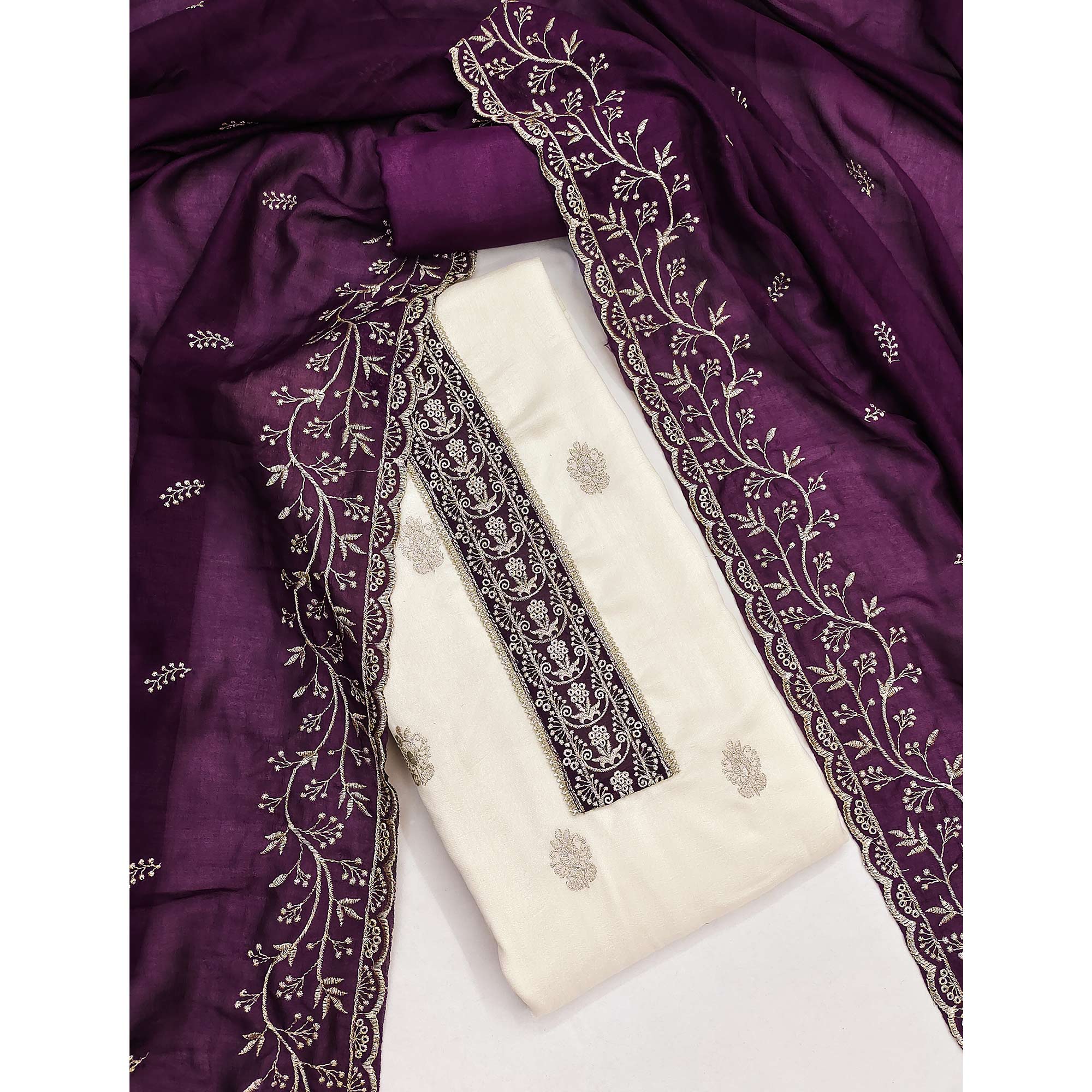 Cream & Purple Vichitra Silk Dress Material Featuring Intricate Floral Zari Embroidery