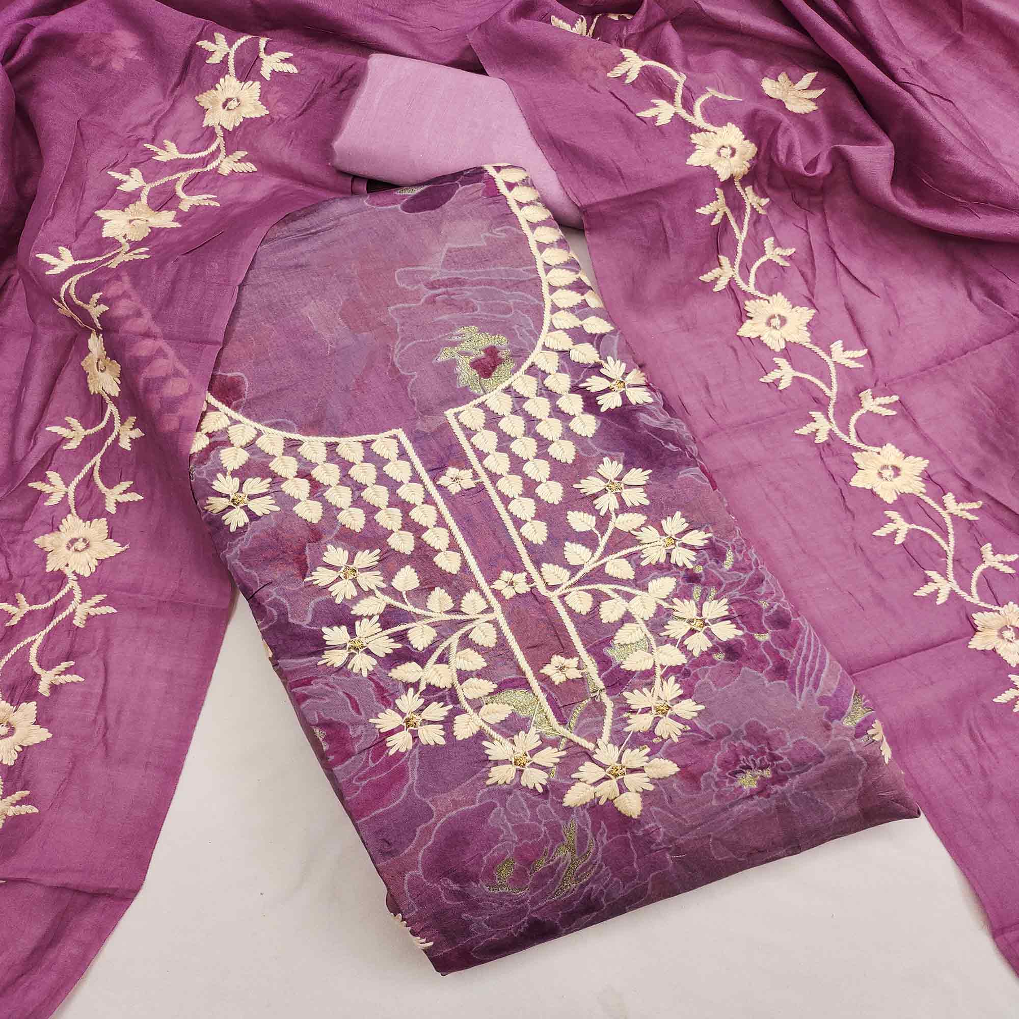 Graceful Pink Floral Embroidered Chanderi Cotton Dress Material