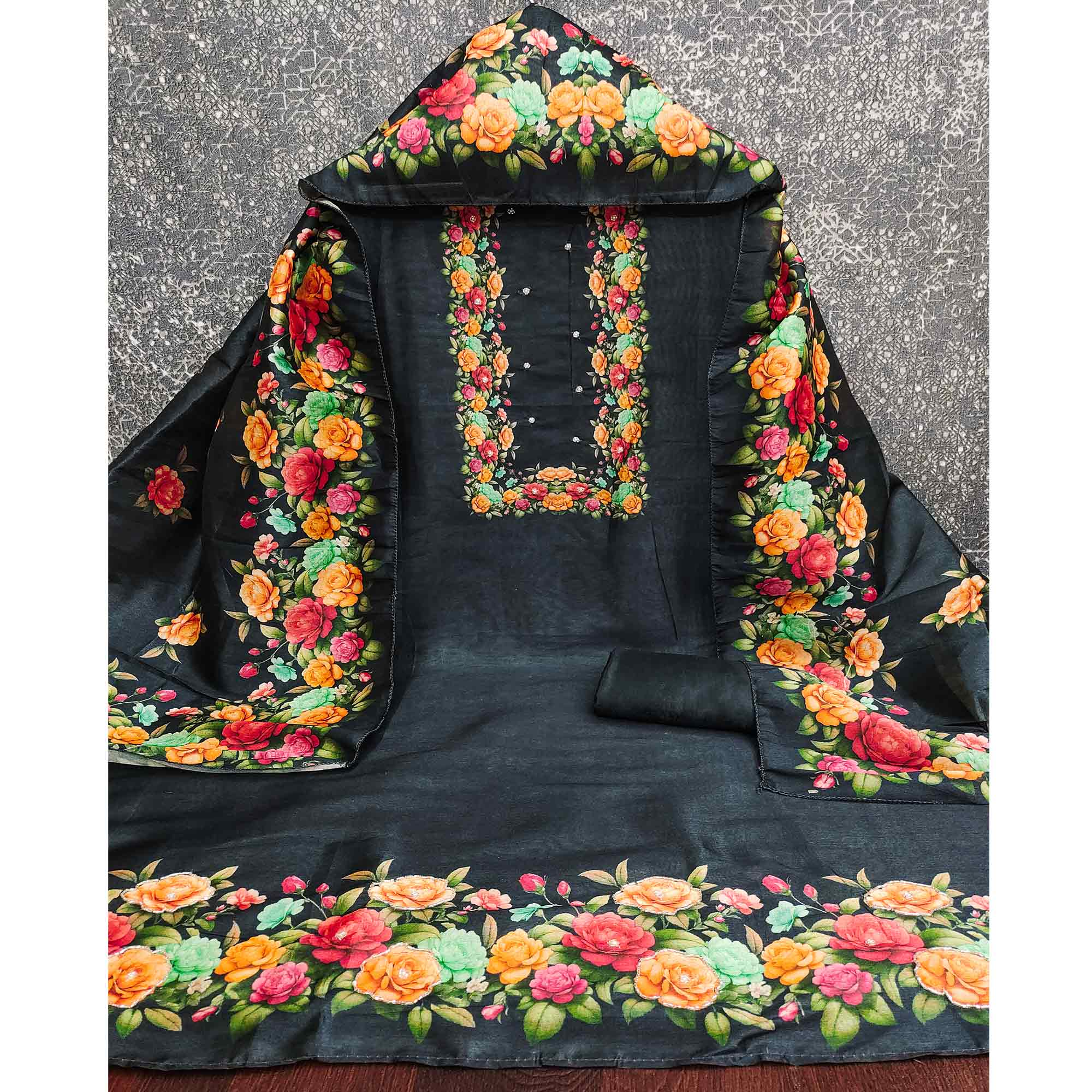 Stylish Black Assam Art Silk Dress Material Accented With Floral Digital Print & Khatli Work