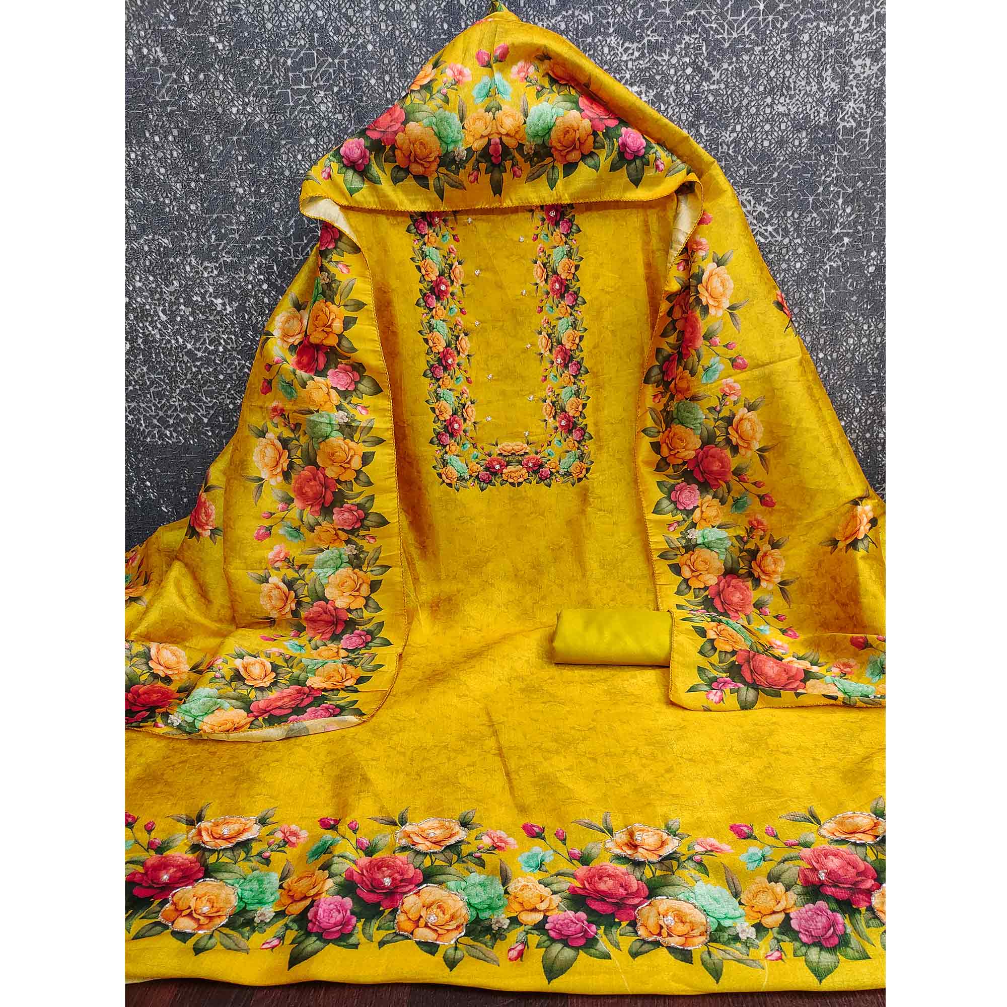 Stylish Mustard Assam Art Silk Dress Material Accented With Floral Digital Print & Khatli Work