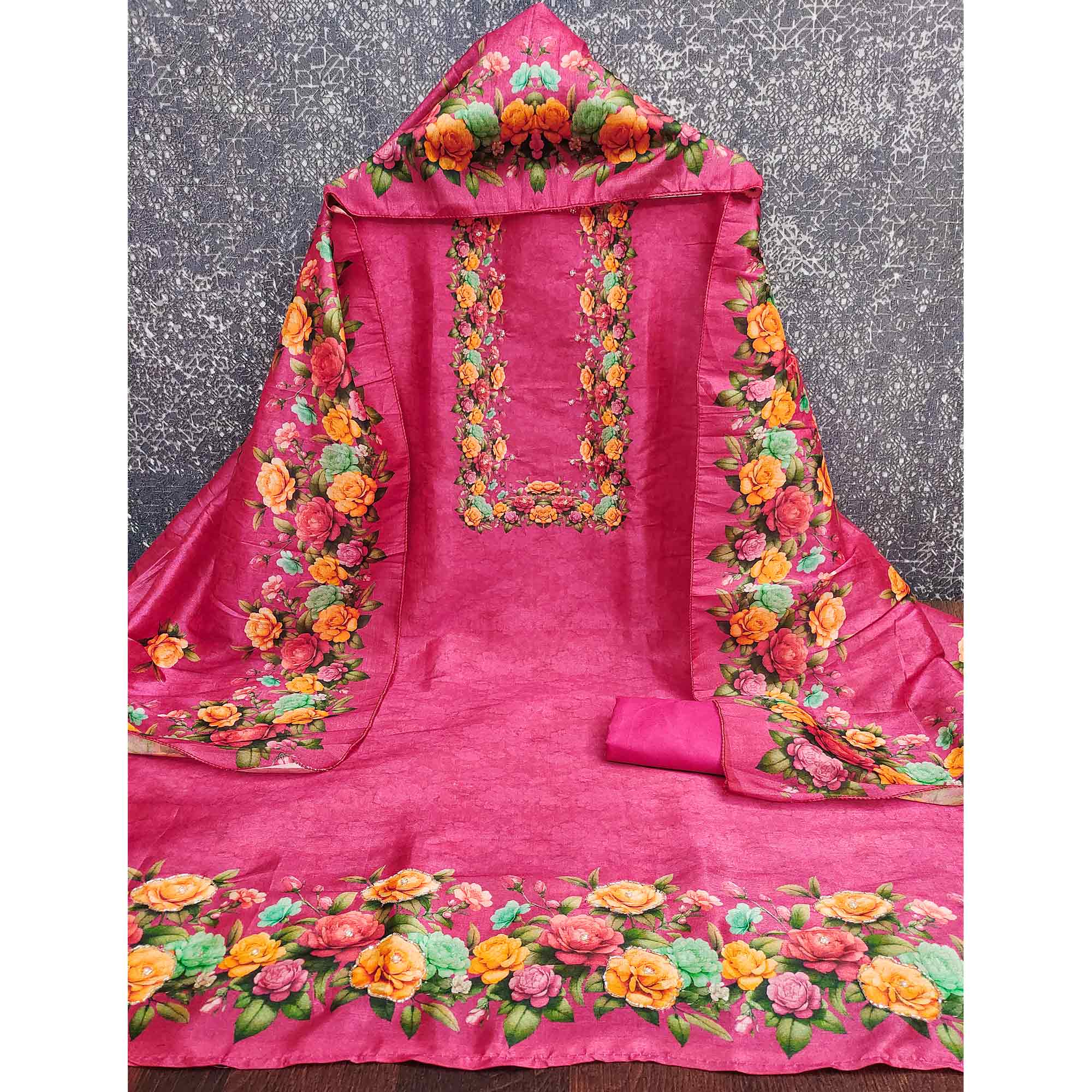 Stylish Rani Pink Assam Art Silk Dress Material Accented With Floral Digital Print & Khatli Work