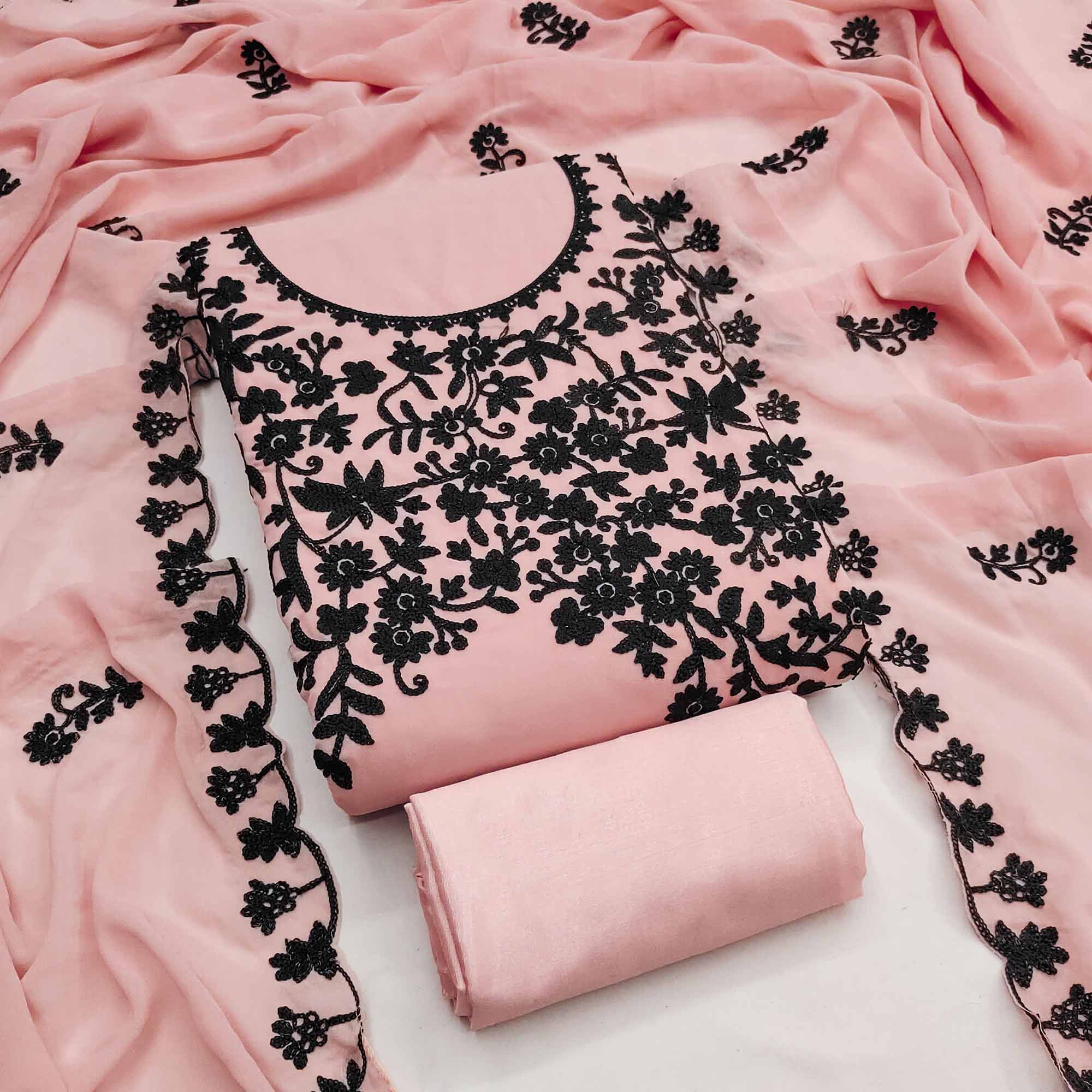 Designer Peach Floral Embroidered Georgette Material for Stylish Dresses and Outfits